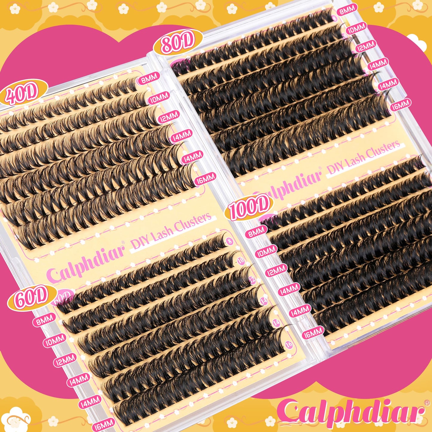 Calphdiar Lash Clusters 40D+60D+80D+100D Eyelash Clusters 474PCS Individual Lashes D Curl Cluster Eyelash Extensions 8-16MM Wispy Lashes Clusters Fluffy False Mink Eyelashes DIY Lash Extension at Home