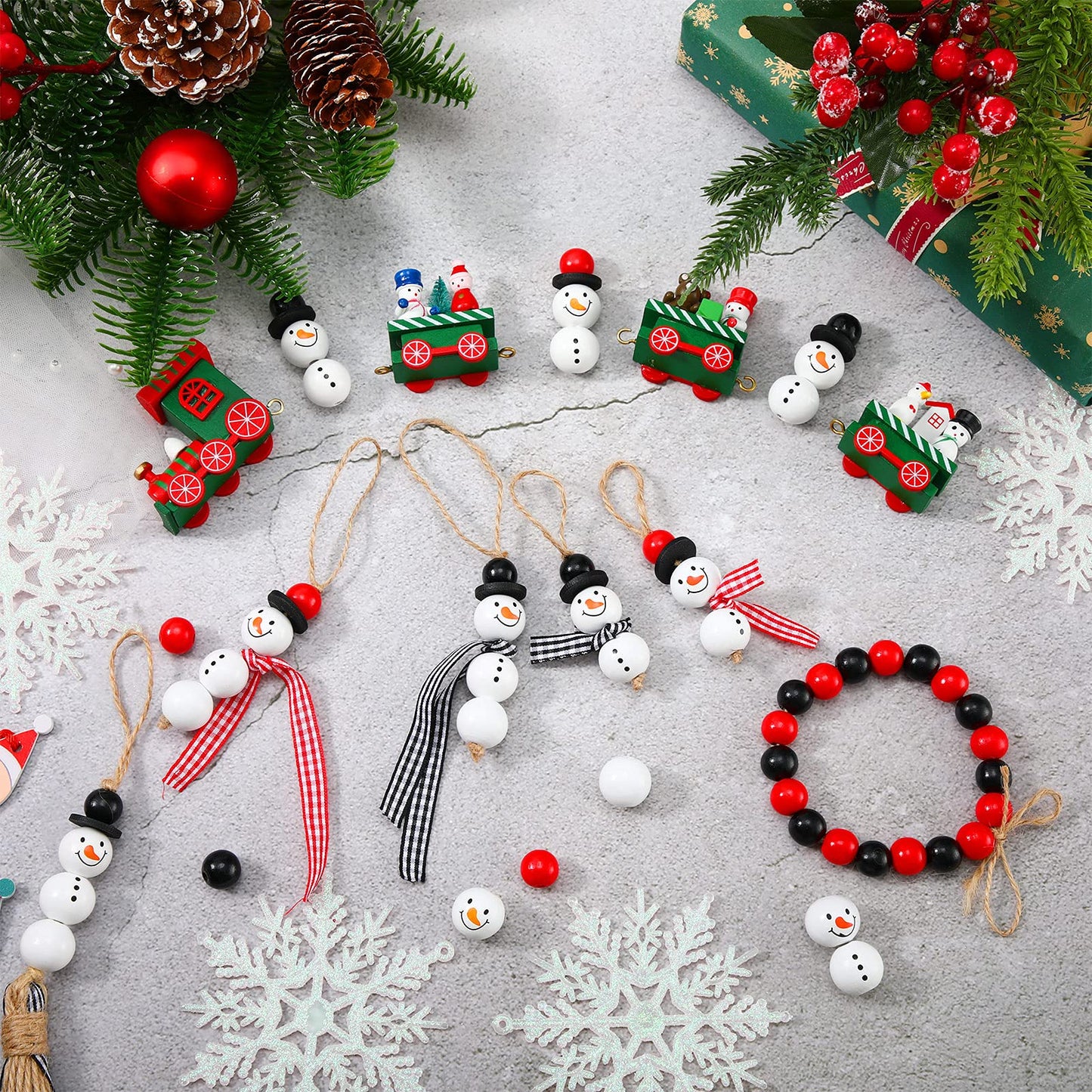 180 Piece DIY Christmas Crafts for Adults Snowman Wooden Bead for Crafts Winter Wooden Bead Christmas Buffalo Plaid Wood Round Print Beads with DIY Twine Scarf (Vivid Color)