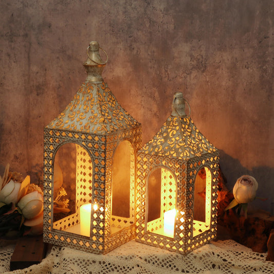 Moroccan Lantern Lamp Decorative Candle Holders for Ramadan Decorations, Hanging, Outdoor Patio or Porch, Indoor Home Decor (White 10.2inch)