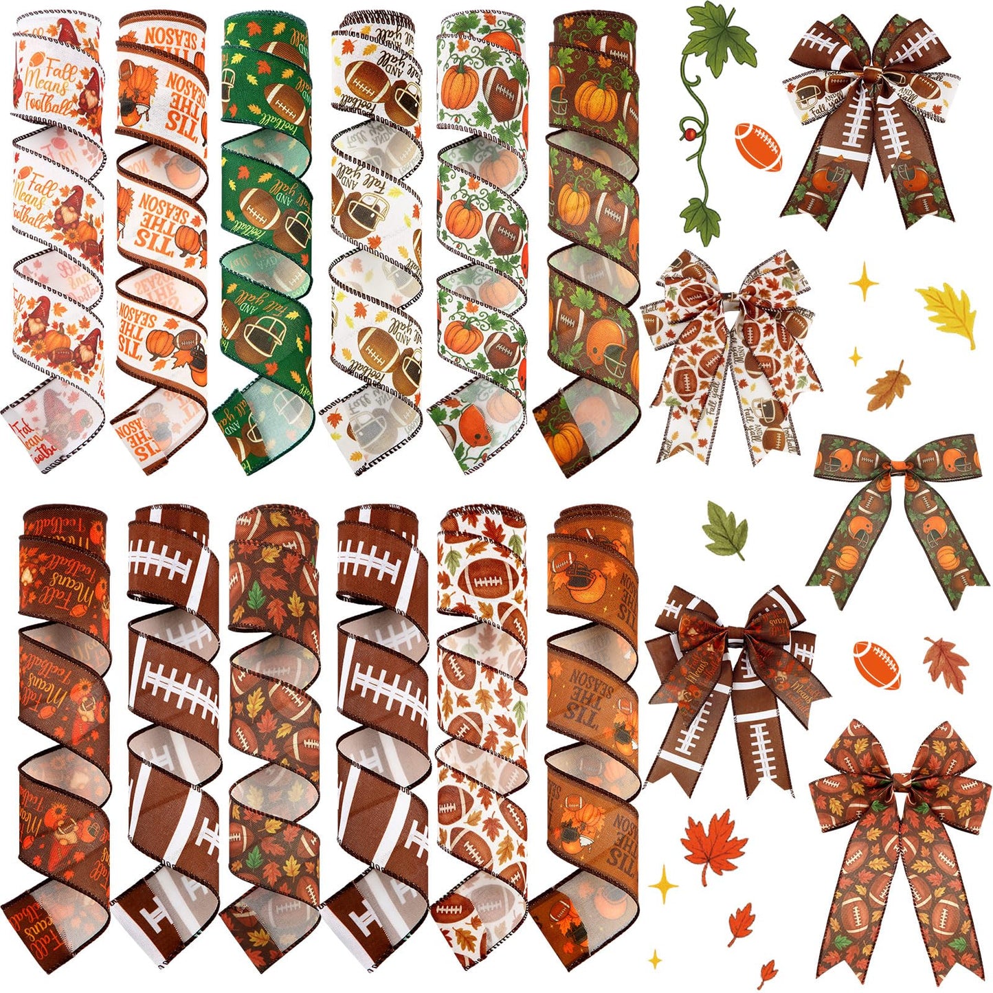 Vincreem 12 Rolls Fall Football Wired Edge Ribbon for Wreaths 2 Inch x 60 Yards Maple Leaves Pumpkin Football Print Ribbon Crafts for Thanksgiving Harvest Party Decorative Supplies, 12 Styles