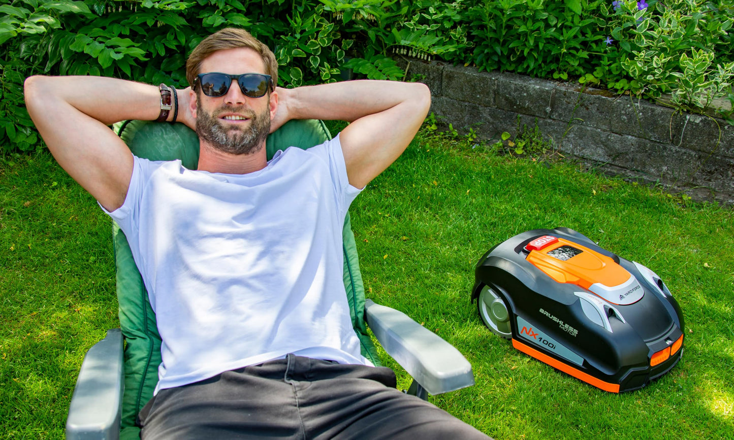 Yard Force NX100i Robotic Mower with Wi-Fi Connection, 28V Battery, App Control, Automatic Mowing and Charging (1/4 Acre Wired)