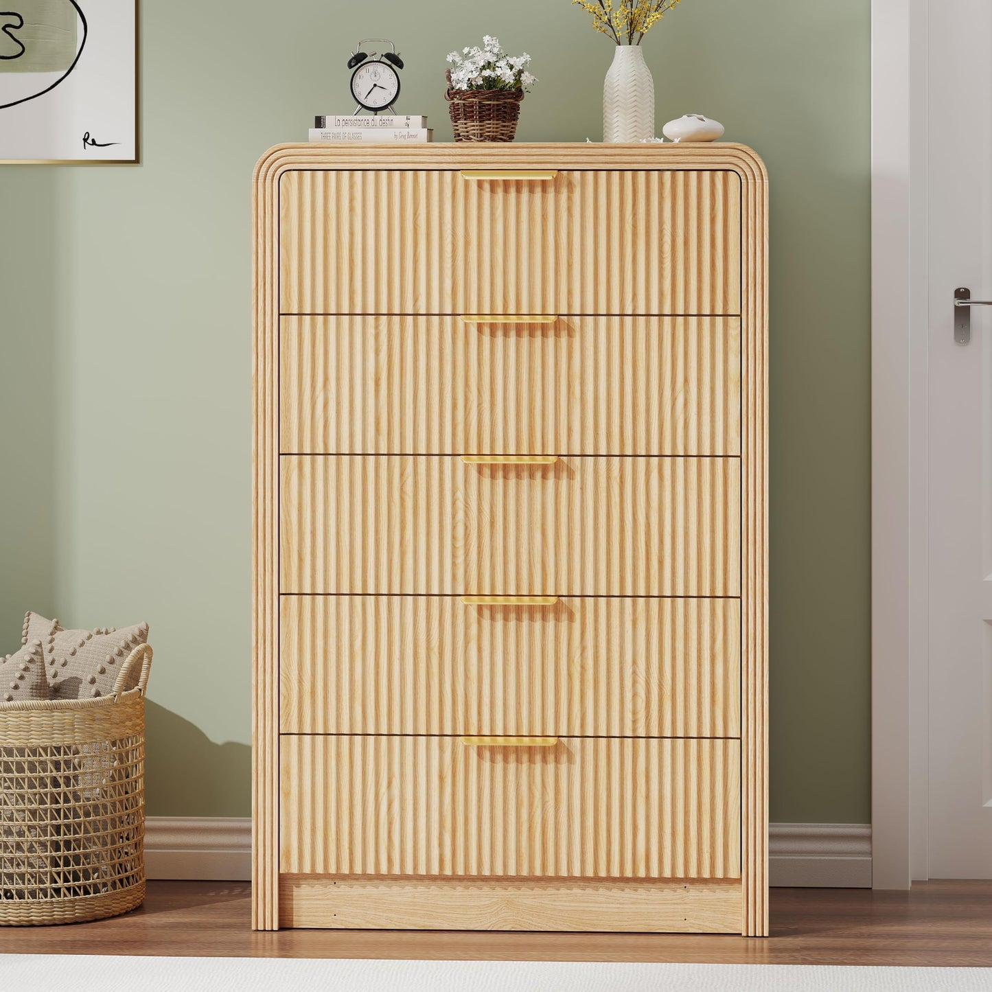 Decofy Fluted 5 Drawers Dresser, 48" Tall Modern Chest of Drawers with Round Edge & Metal Handle, Wood Drawer Organizer for Living Room, Bedroom, Entryway, Hallway (Natural Oak)