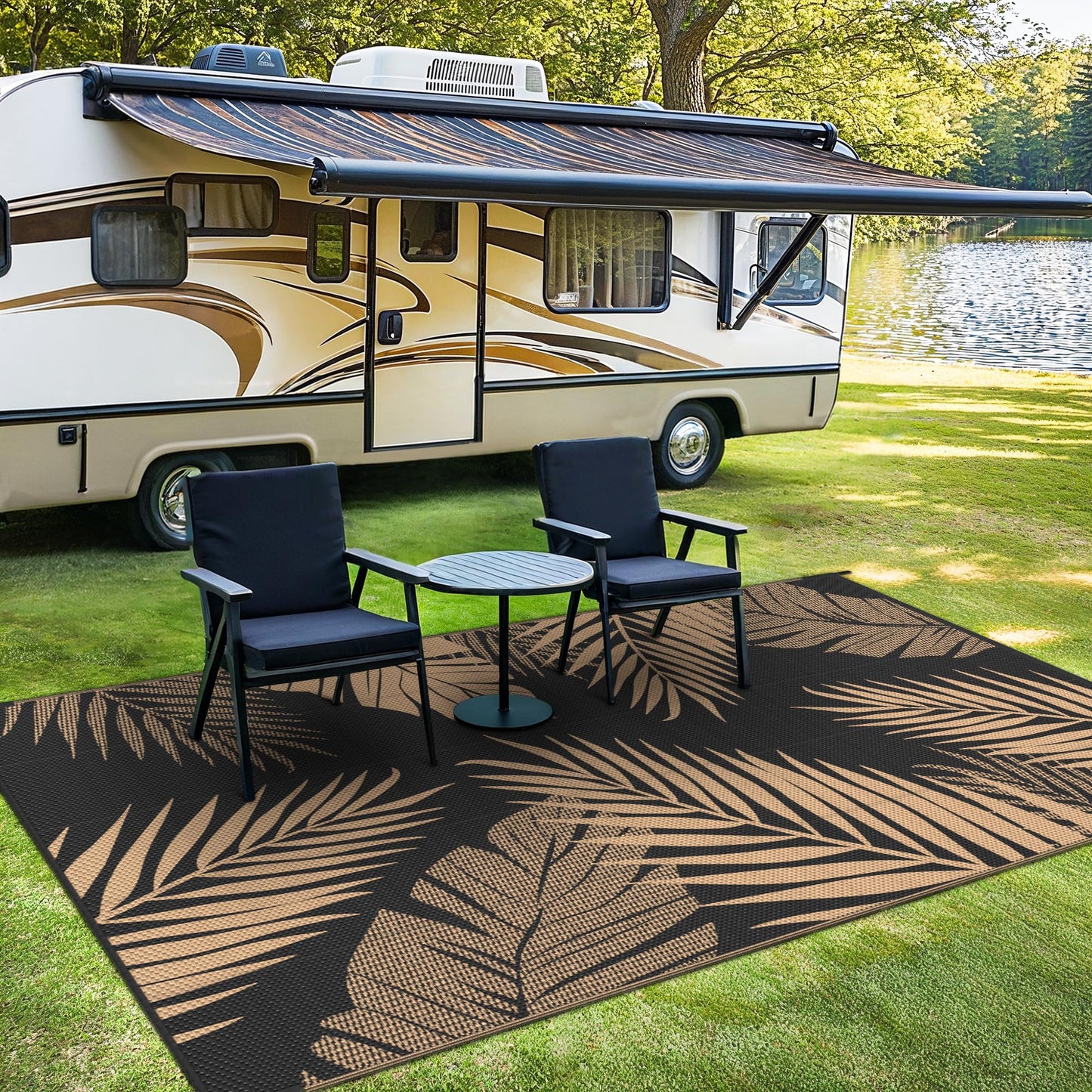 sarben Outdoor Rug 4’x6’ Waterproof for Patio Clearance, Reversible Indoor Outdoor Plastic Straw Camping Rug Carpet, RV Mat, Large Area Rug for Deck, Backyard, Balcony, Porch, Beach, Black & Brown