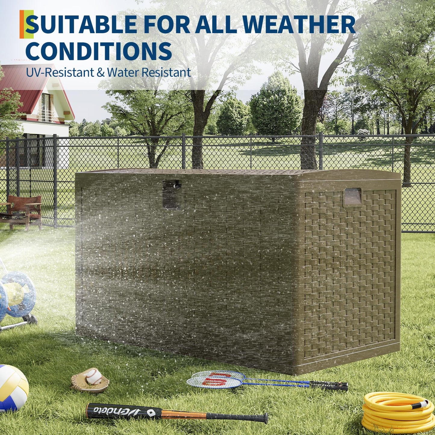 CABIHOME 120 Gallon Large Outdoor Deck Storage Box - Waterproof, Lockable Resin Organizer - Weatherproof Rattan Style for Patio Furniture, Garden Tools, Pool Accessories - With Side Handles, Brown