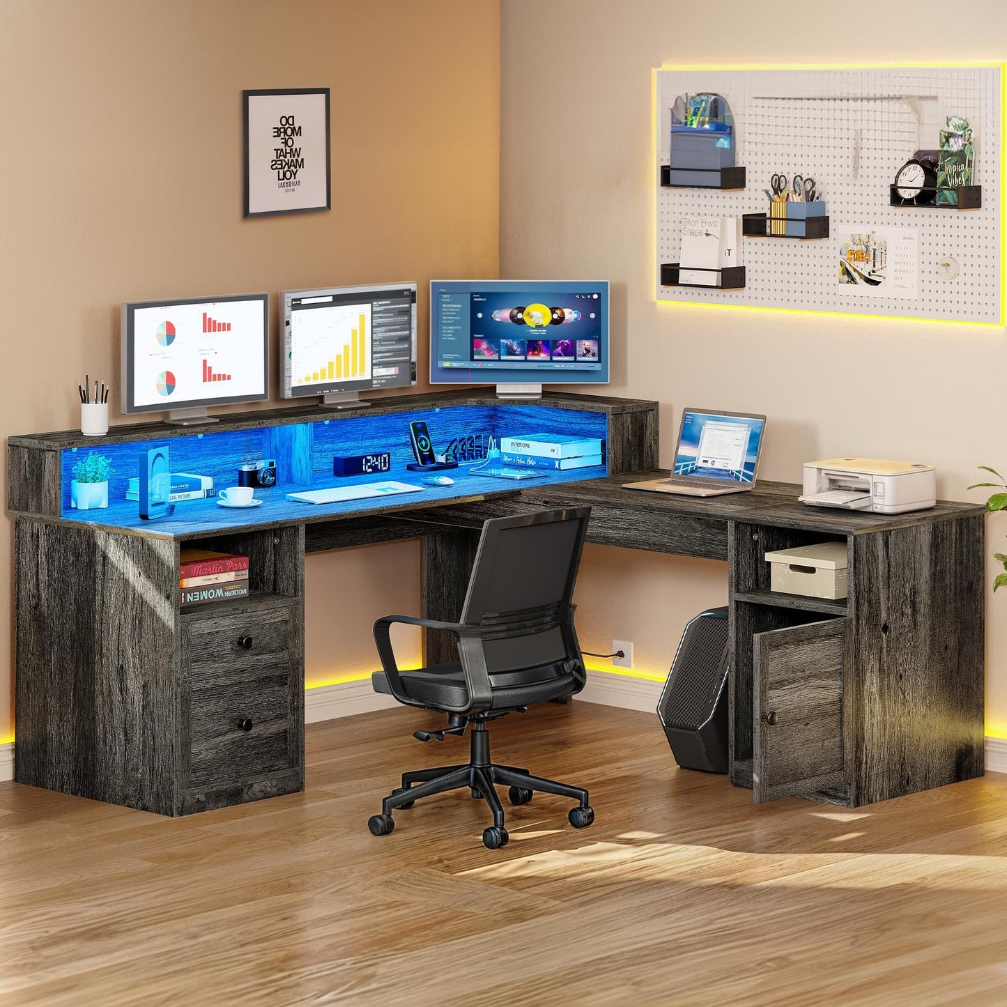 DWVO L Shaped Desk with Drawers, 60" Corner Computer Desk with Power Outlets & Lift Top, Home Office Desk with Storage Cabinet & LED Lights, Wood Desk, Height Adjustable Desk, Grey