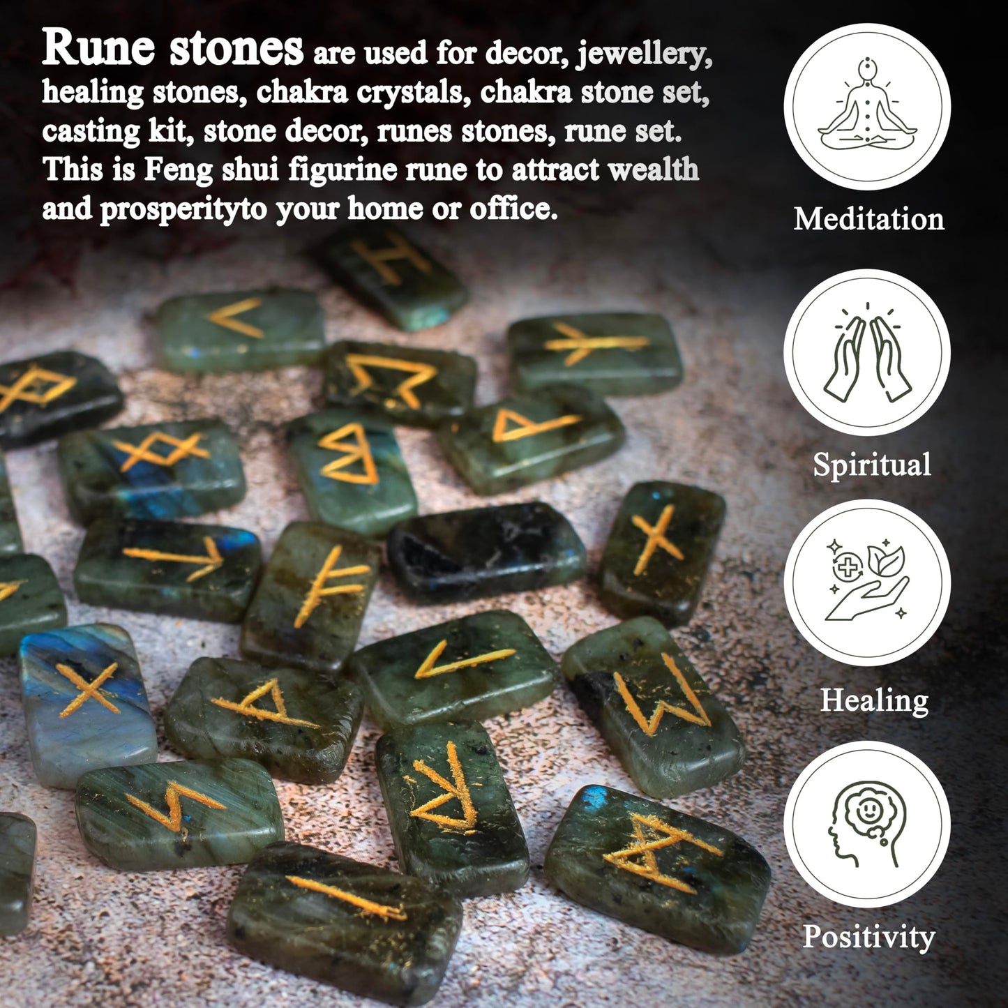 Crocon Labradorite Rectangle Shape Gemstone Rune Stones with Elder Futhark Alphabet Engraved 25 pcs Rune Set Crystal Divination Metaphysical Healing Chakra Reiki Runes Set with a Pouch Size: 21-26mm