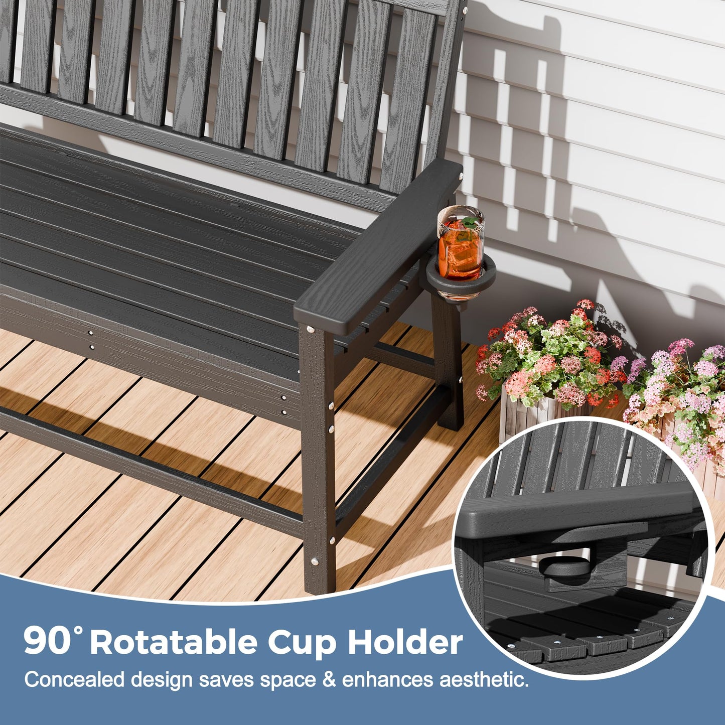 WACASA 48" Outdoor Bench Set of 2, HDPE Weatherproof Porch Bench, 2-Person Garden Benches with 660 Lbs, Waterproof Patio Benches for Outside Balcony Deck Backyard,Grey
