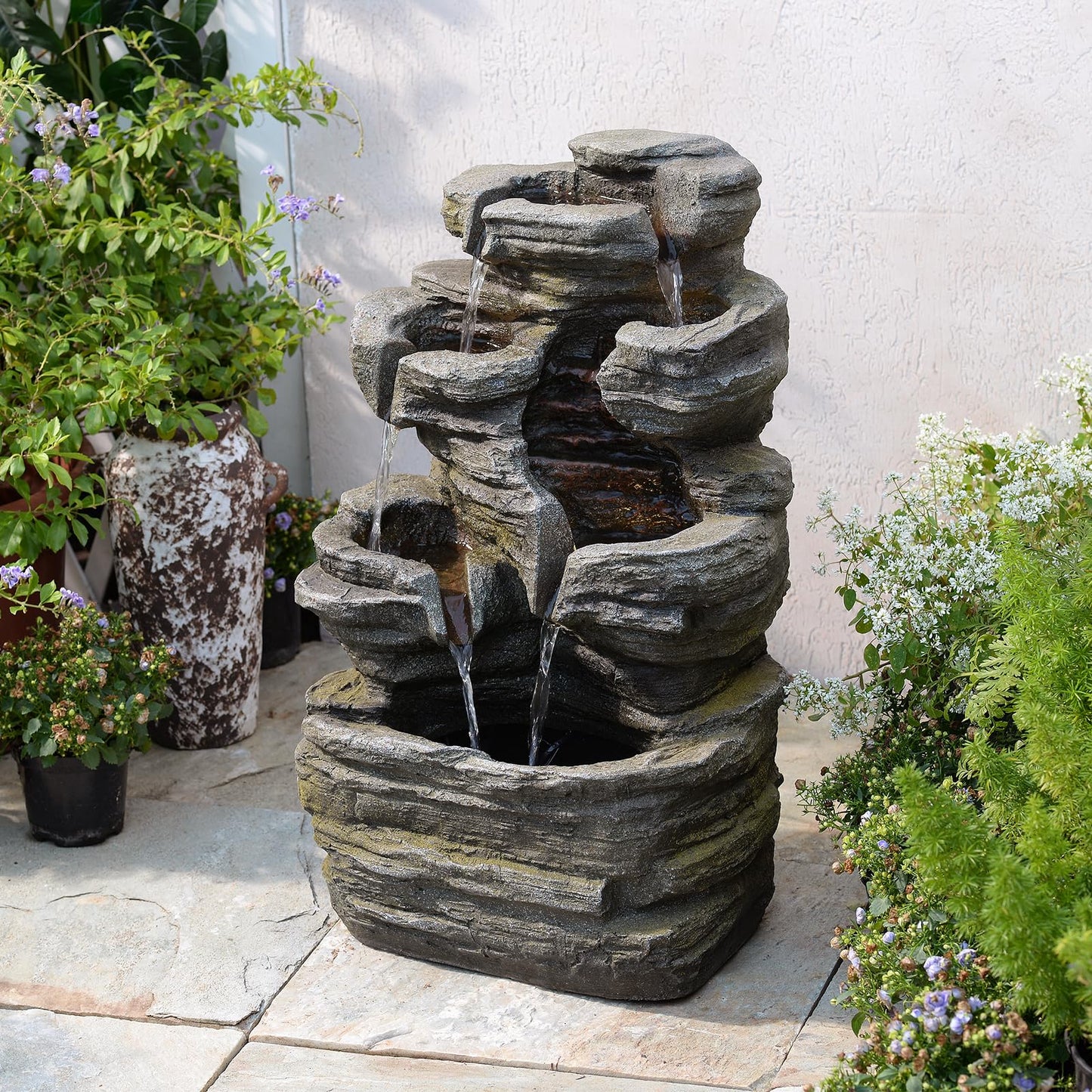 Bumilgar 6-Tier Cascading Rock Water Fountain Outdoor Garden Waterfall Decor for Garden, Patio, Backyard, Deck, Porch and Home Art Decor,24.4" H Outdoor Fountain with Lights