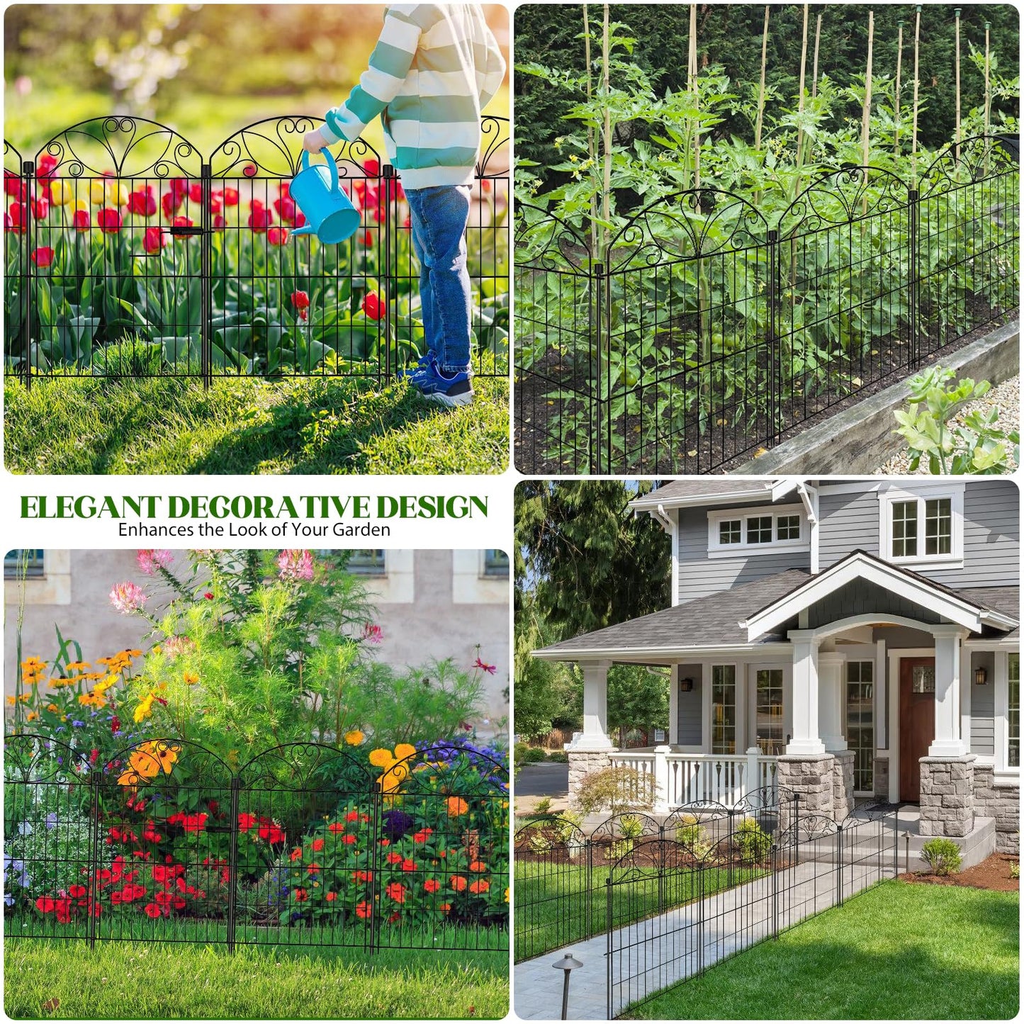 12 Panels No Dig Garden Fence with Gate, 32" H x 22.4ft, Decorative Metal Animal Barrier Dog Fence Outdoor for Yard, Walk-Through Iron Fencing for Flower Bed, Patio & Lawn