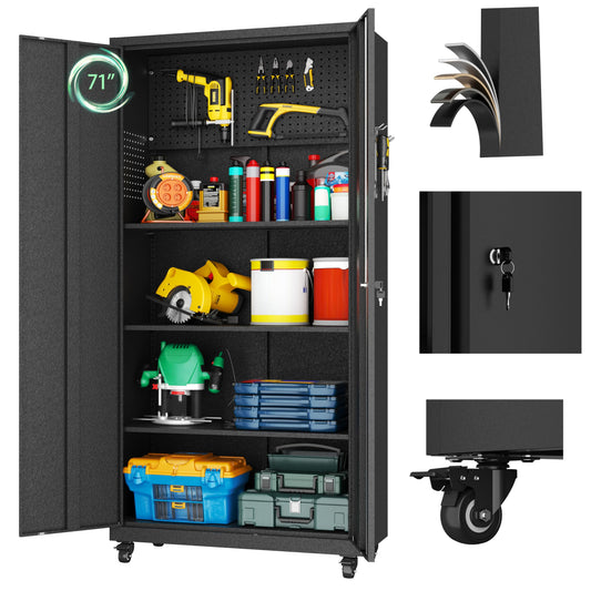 LONGLINK Metal Garage Storage Cabinet with Wheels,71" Tool Storage Cabinet with Adjustable Shelves,Lockable Storage Cabinets with Pegboards for Warehouse,Workshop,Garage,Basement,Utility Room(Black