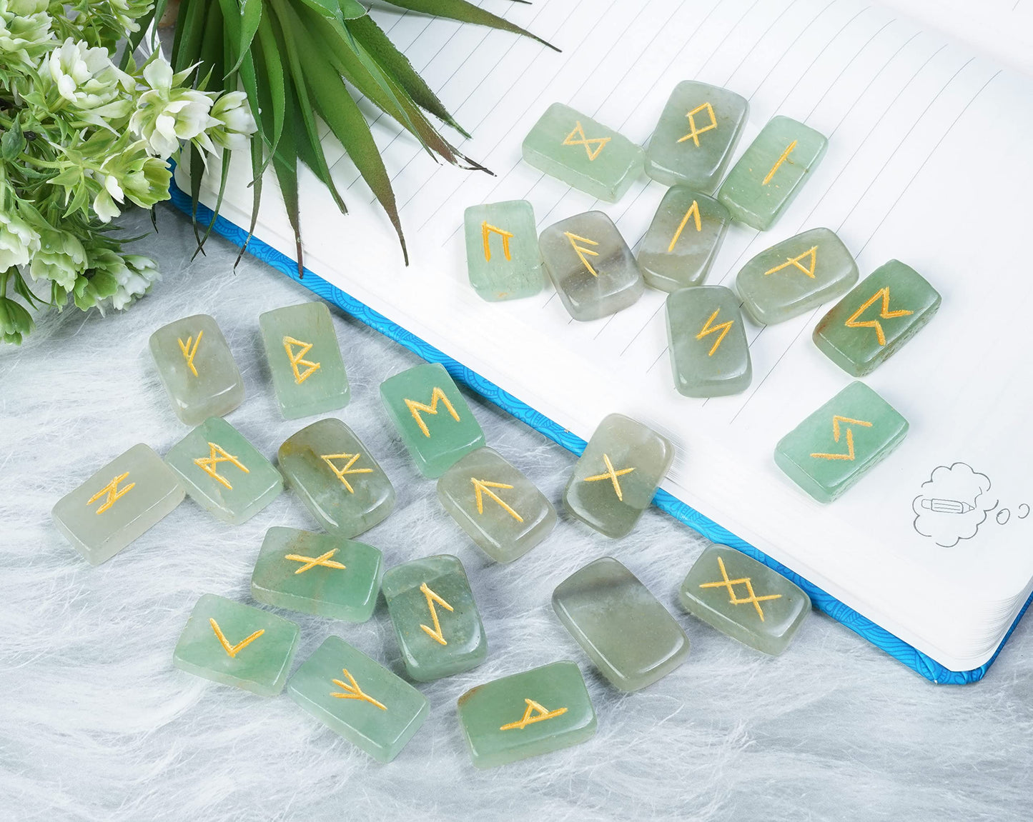 Crocon Green Jade Rectangle Shape Gemstone Runes with Elder Futhark Alphabet Engraved 25 pcs Rune Set Crystal Divination Metaphysical Healing Chakra Reiki Runes Set with a Pouch Size : 20-25mm