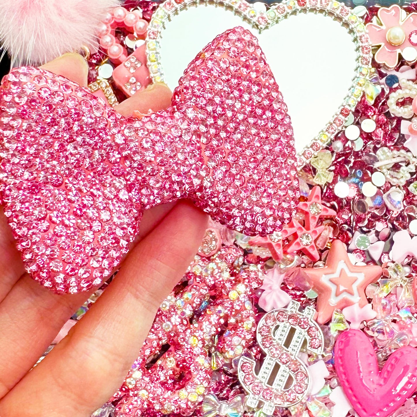 Gehaiwo Pink Junk Case Charms Kit, Junks Phone Cases with Rhinestone Accessories and Full Diamond Bow Lips Dollar Sign Pom Resin Kits Mirror with DIY Phones Decorations