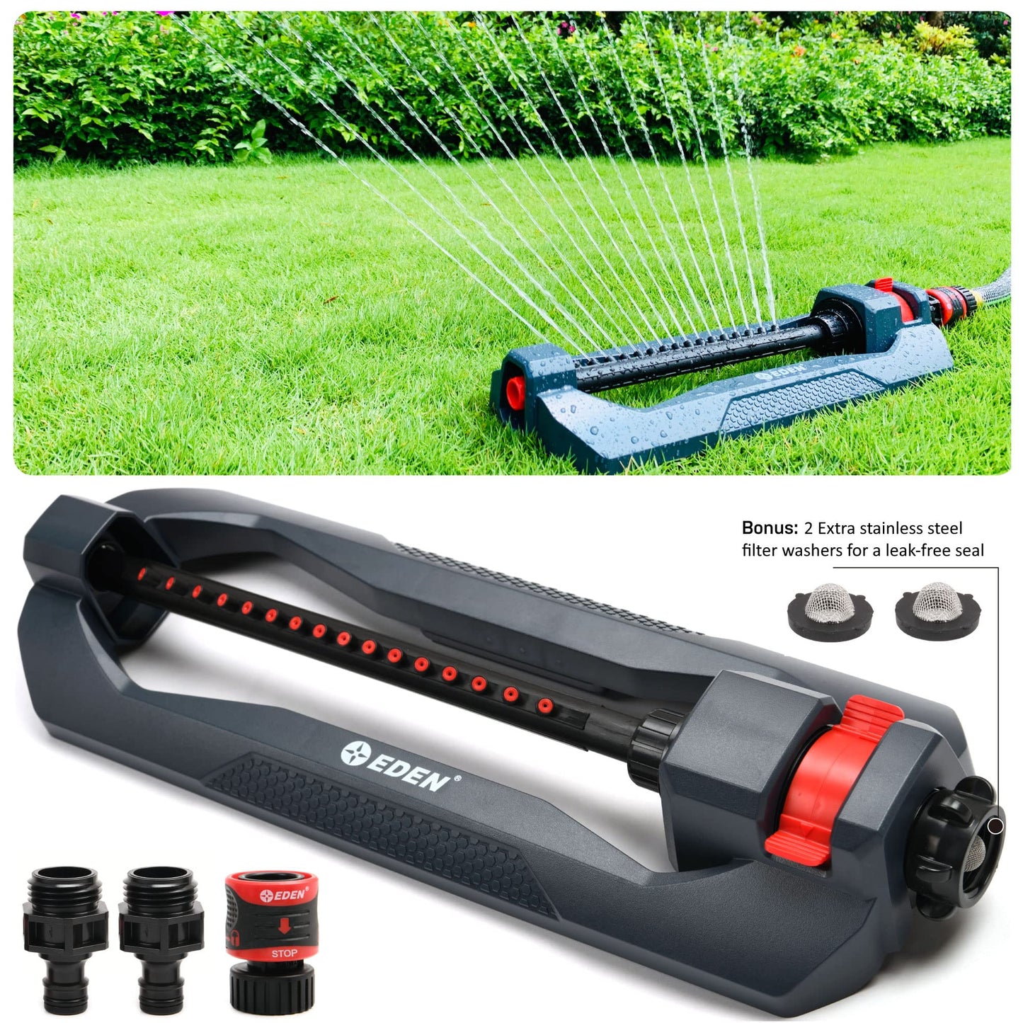 Eden 96213 Essential Turbo Oscillating Water Sprinkler,Covers Up to 3,600 sq. ft.,16 Nozzles,Weighted Base,Adjustable Range,Quick Connect Bundle,Dark Grey,Red,Silver,(Pack of 12)