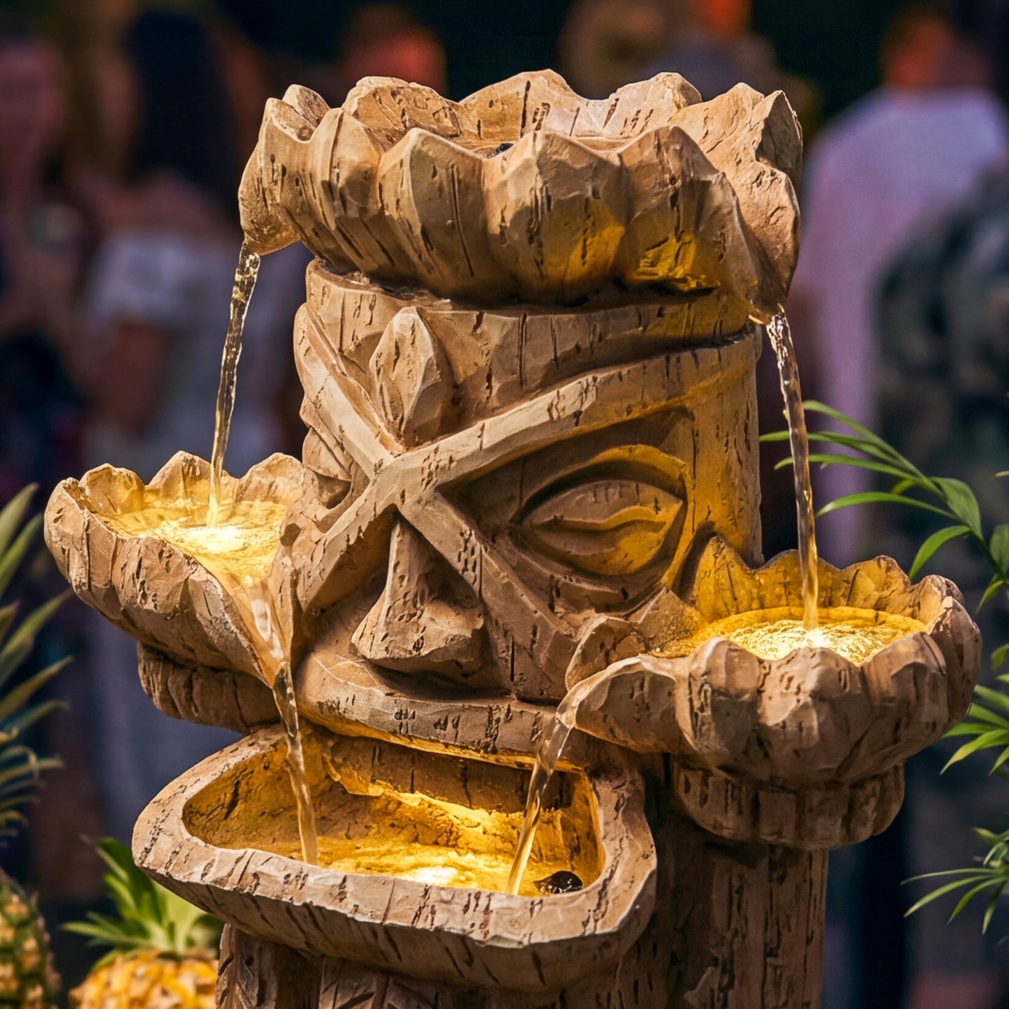 Dalxo 20-Inch Outdoor Water Fountain, 3-Tier Polynesian Tiki Head Resin Waterfall Fountain with 4 Warm LED Lights, Home Art Decor for Garden, Patio, Yard, Deck, Porch, Deck or Lawn in Natural Wood