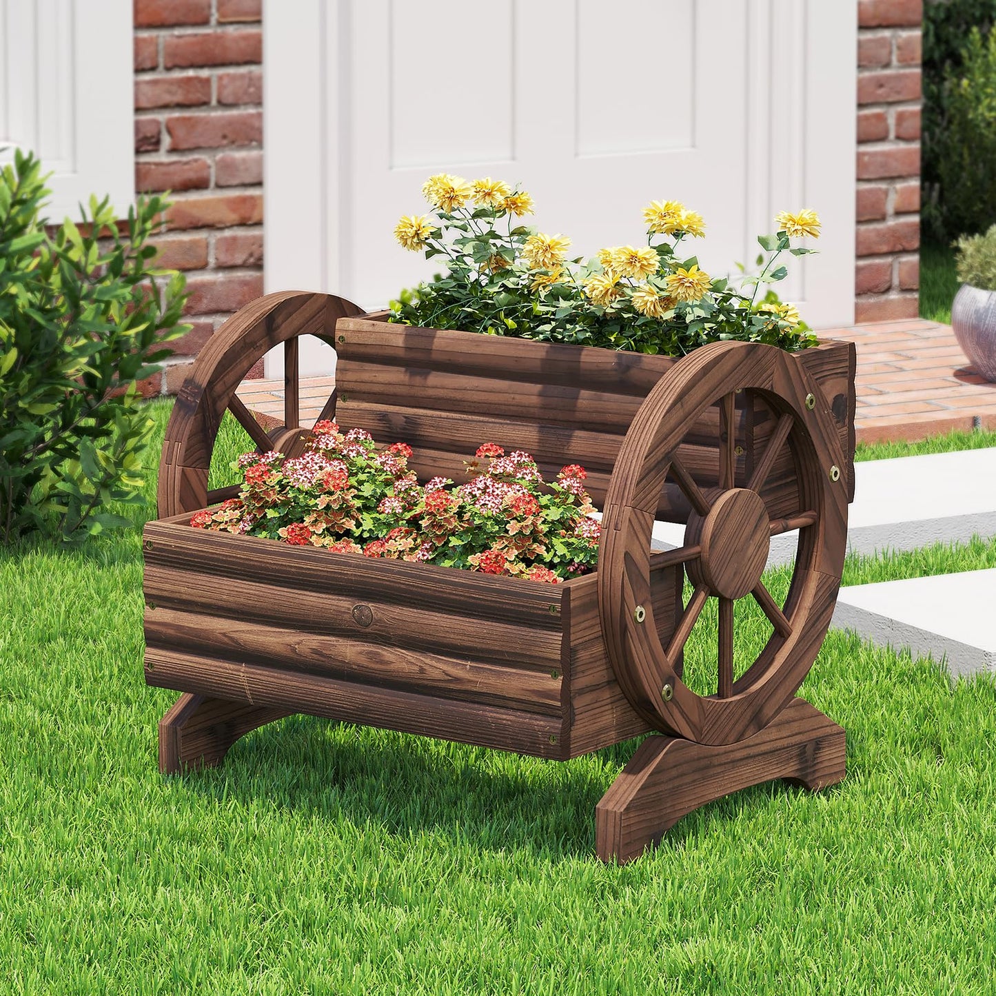 Wooden Wagon Planter Wooden Flower Cart with Wheels Outdoor Garden Planter, Decor Planter for Patio Balcony Decoration Succulent Flower Pot for Indoor Backyard Balcon planters (Carbonized)