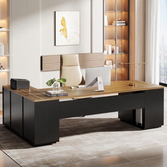 Tribesigns 85.8-Inch L-Shaped Executive Desk, Extra Large Modern Office Desk with File Drawers, Door Cabinet & Shelves, Commercial Office Table, Home Business Workstation, Brown & Black
