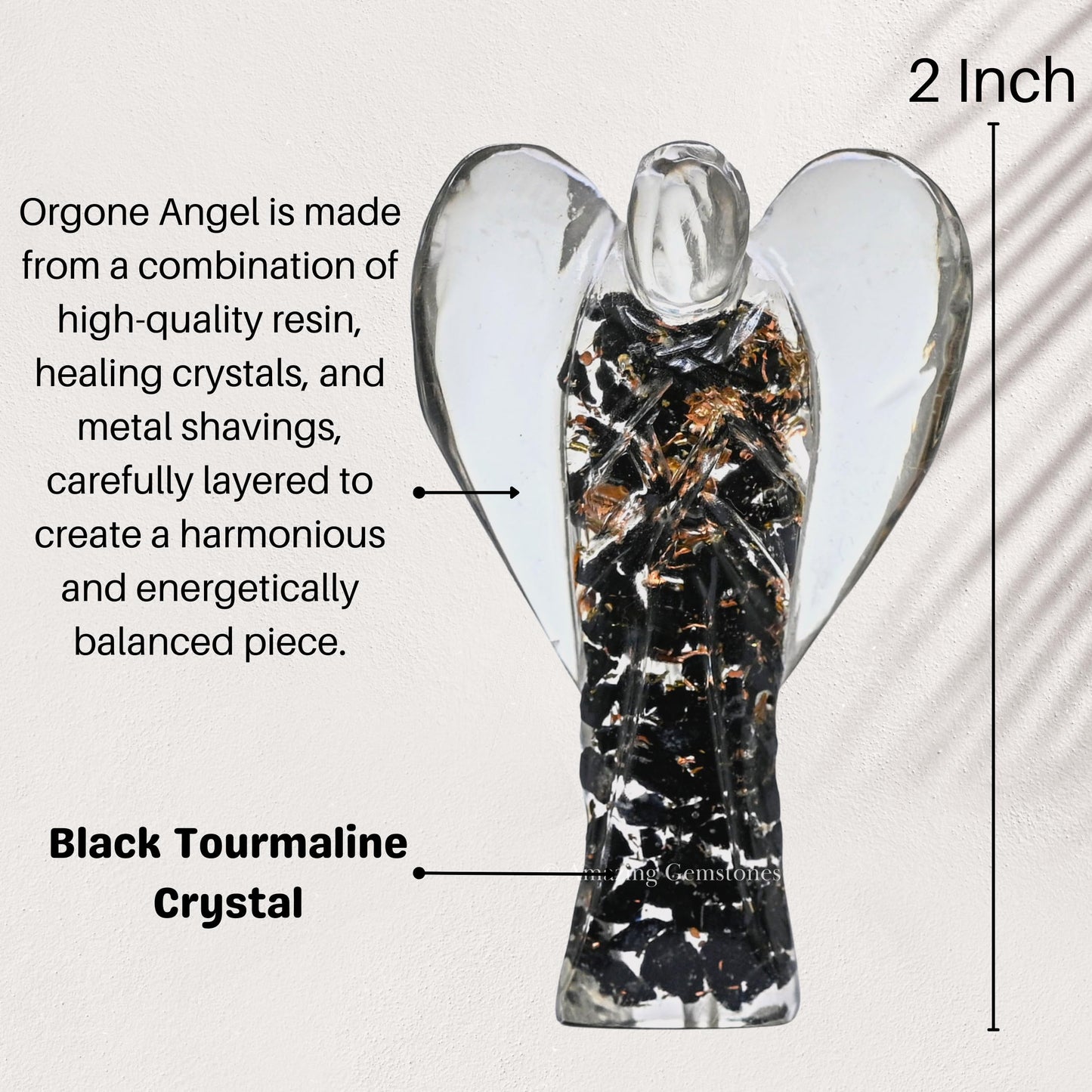 Amazing Gemstone Black Tourmaline Guardian Angel Figurine Pocket Crystal Angel for Protection - Orgone Guardian Angel with Orgonite Layer and Natural Crystal for Healing Gift (2 Inch, Organite)