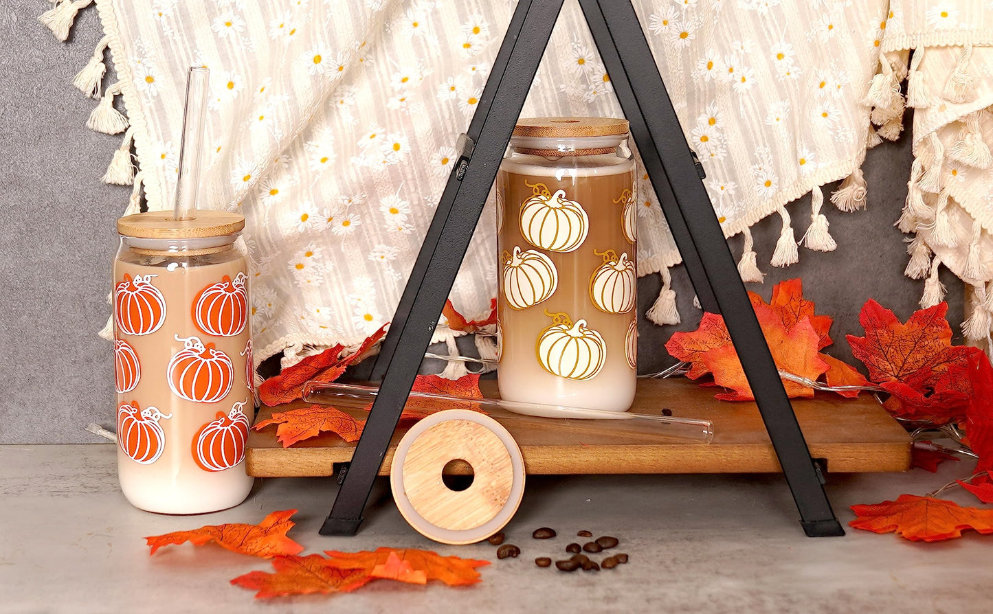 ANOTION Cute Iced Coffee Glass Cups, 18oz Pumpkin Tumbler Set - 4 Packs Fall Mug with Lids and Straws - Fall Wedding Gifts, Thanksgiving Decor, Family Gifts