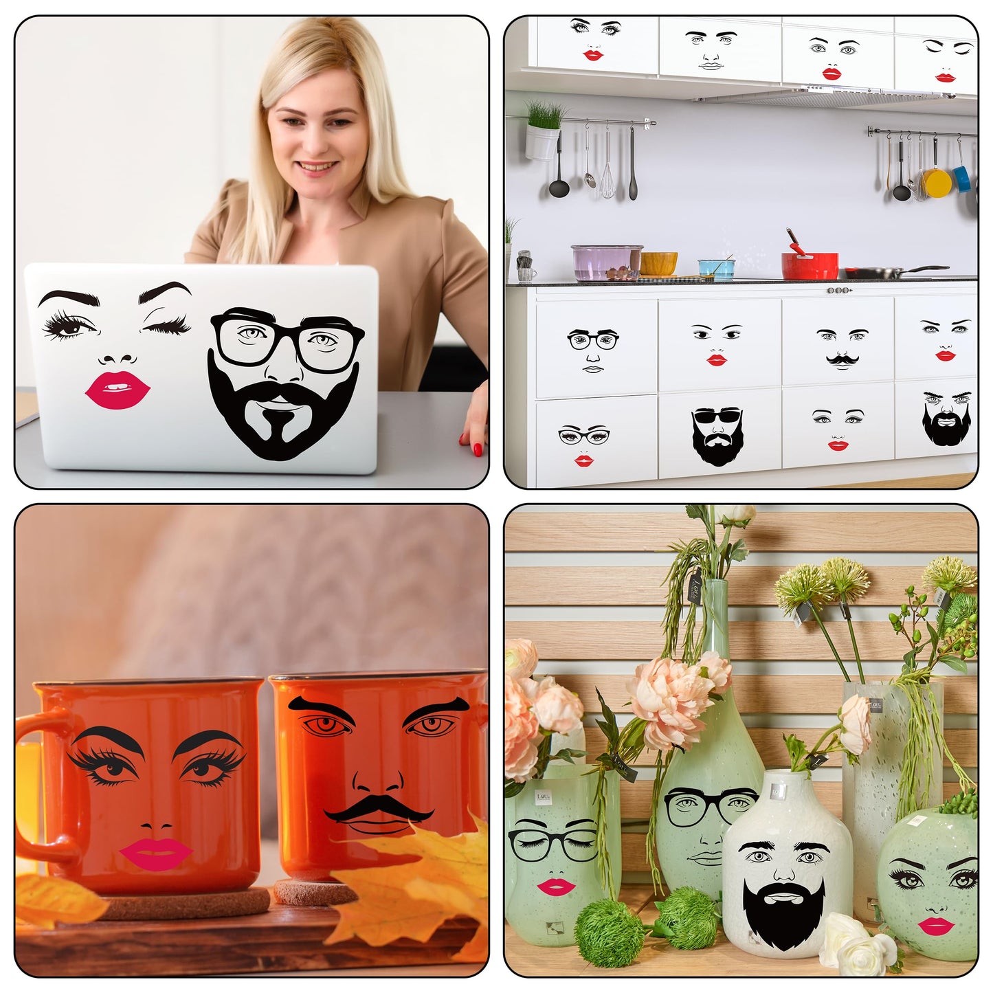DSjuedui Face Stickers for Crafts - 12 Sheets DIY Vinyl Face Waterproof Decoration Transfer Decals for Flower Pots, Funny Eyes Nose Mouth Stickers for Wood Wall Water Bottles DIY Crafts Party Supplies