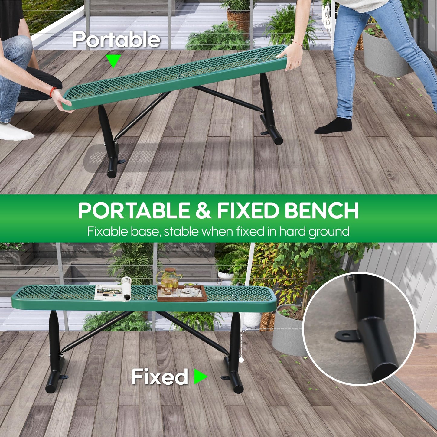 Sunnibety 4 Feet Heavy Duty Metal Park Bench for Outside, Outdoor Bench with Portable Frame, Commercial Benches for Shopping Mall, Store, Park, Patio, Deck, Green