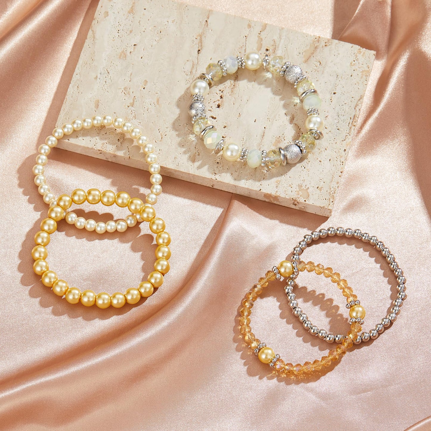 Noessla Beaded Pearl Stretch Bracelet Silver Stackable Crystal Beads Bracelets Trendy Costume Jewelry Mothers Day Gifts for Women(Yellow)