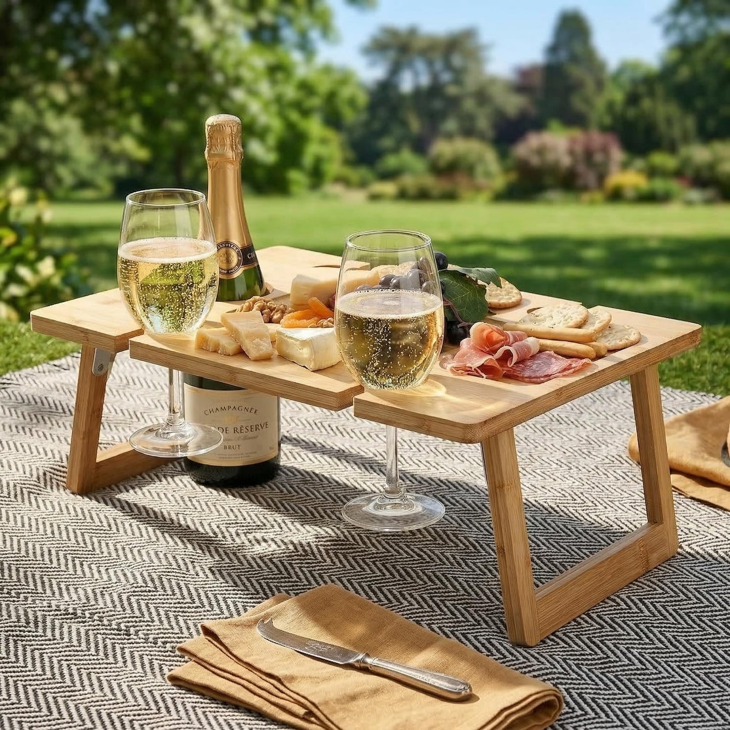 Peohud Portable Wine Picnic Table, Foldable Champagne Picnic Snack Table Tray, Wooden Outdoor Picnic Table with Glass Holder for Park, Beach, Camping, Bed, Wine Lover Gift