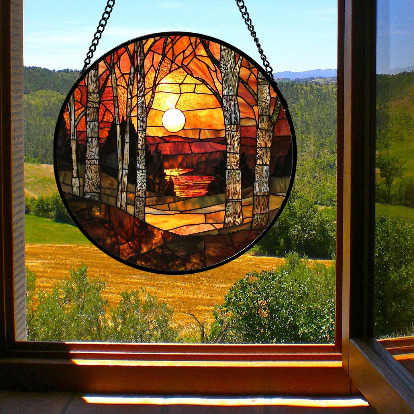 JOSUMALY Stained Glass Window Hanging, Orange Red Landscape Forest Lake Moon Suncatcher for Doors Window Home Sun Catchers Decor Mother's Day Birthday Gifts for Women Men Mom 7.8 in