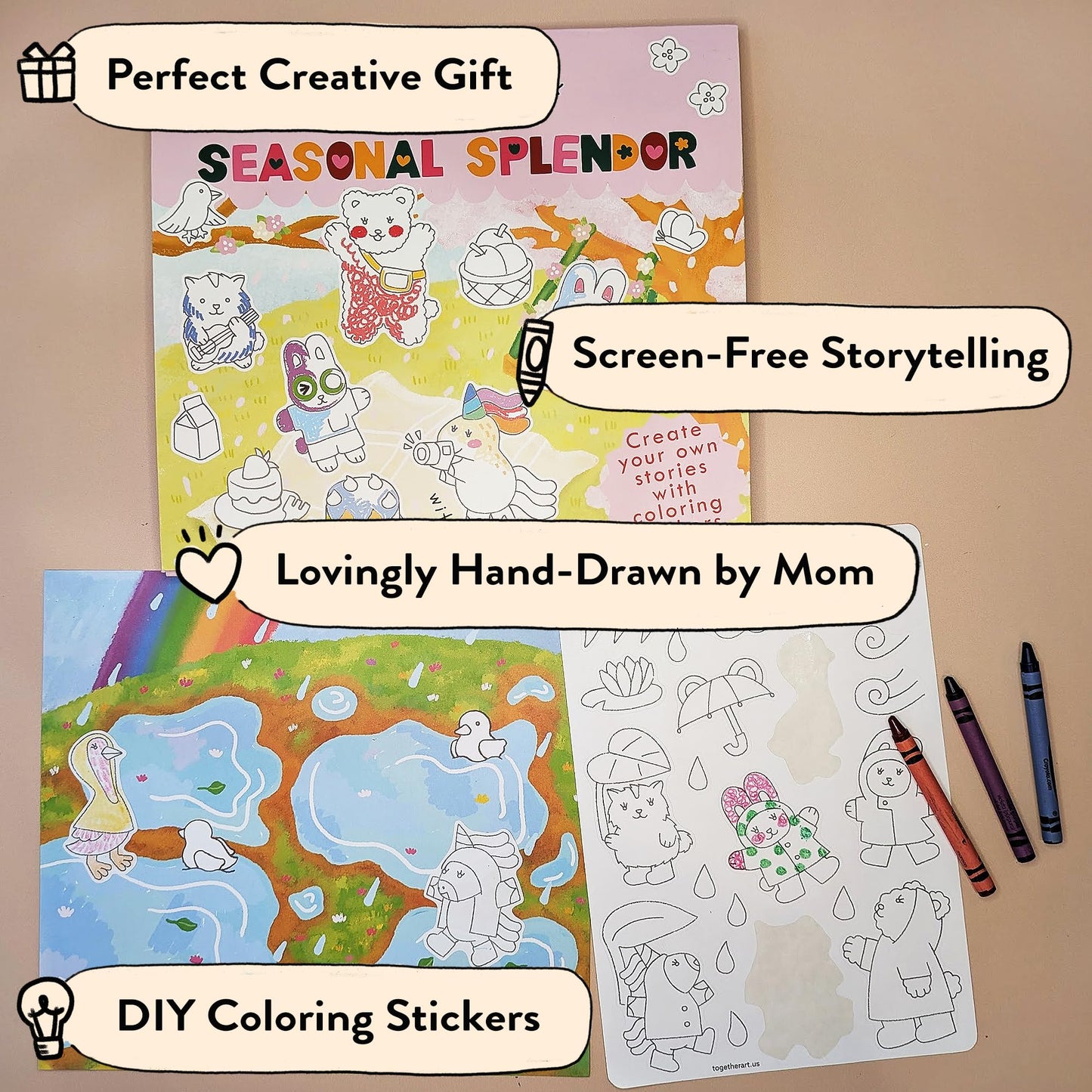 Together Art Seasonal Splendor: Color Your Own Stickers Storytelling Kit - 4 Seasons in 1 DIY Craft for Kids Ages 3+ (Camping, Beach, Christmas) - Road Trip Travel Activities & Homeschool Art Supplies