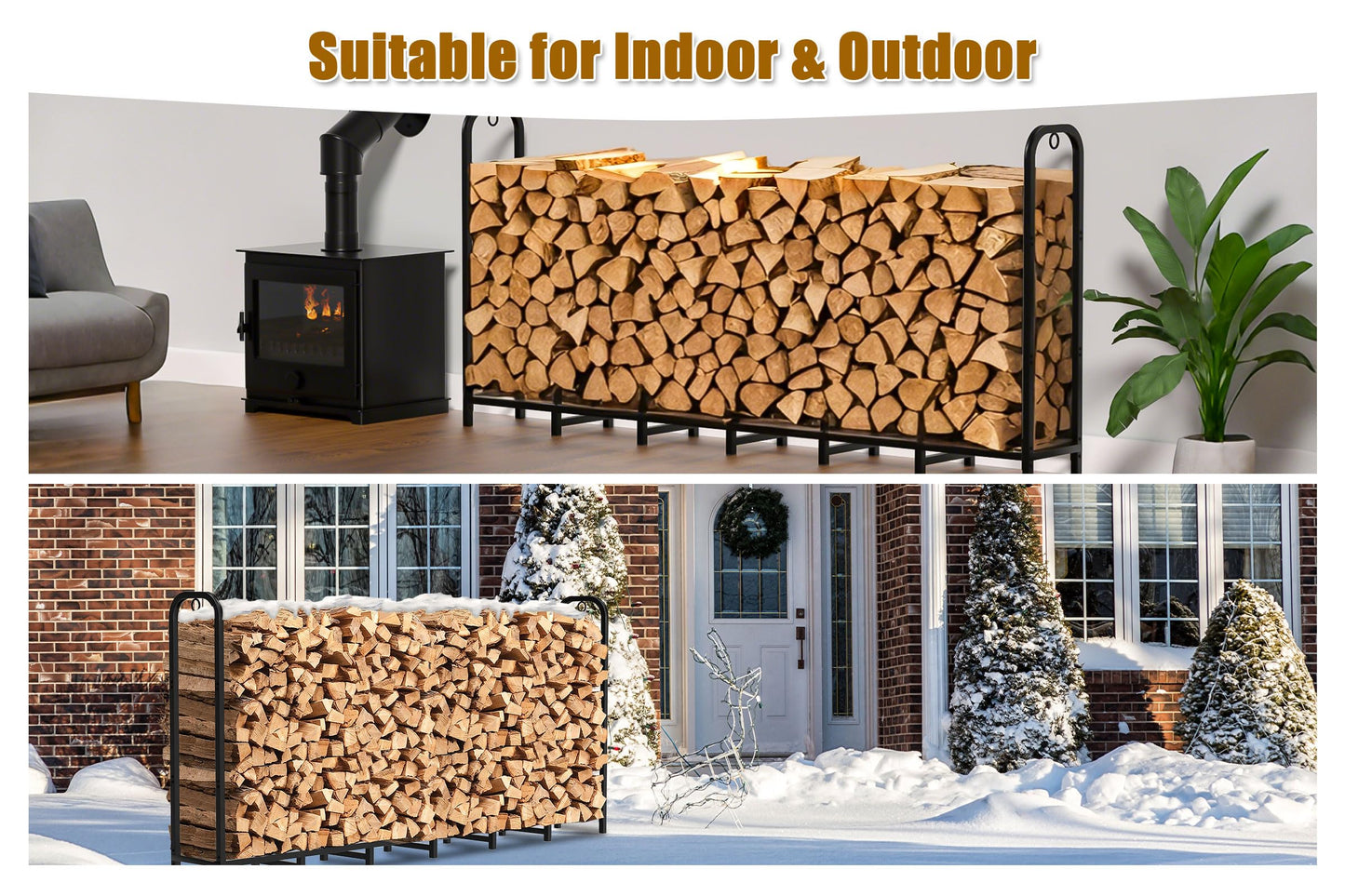 Gtongoko 8ft Heavy Duty Metal Firewood Rack Outdoor Indoor Adjustable Fire Wood Holder Rack for Fireplace, Log Racks for Firewood Outdoor, Wood Pile Storage Organizer, Black