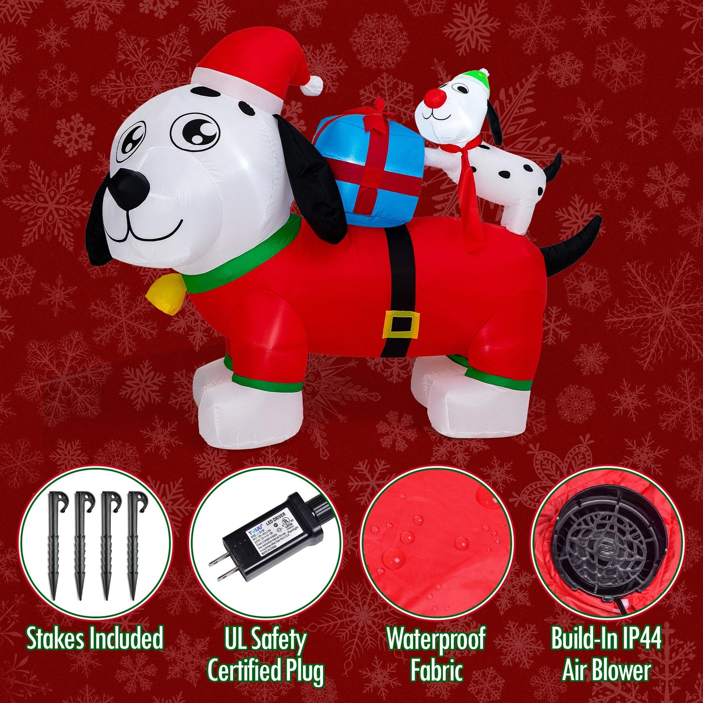 PRESENCE Christmas Inflatables Outdoor Decorations - 5FT Christmas Blow Up Dog Family LED Lights with Gift Box, Winter Decor Xmas Kids Gift for Outdoor Yard Decorations