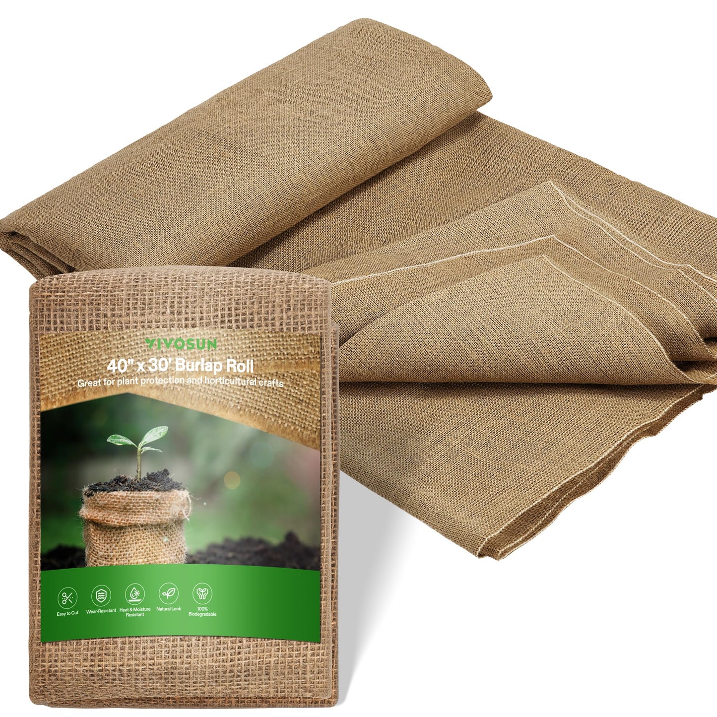 VIVOSUN 40 in x 30 ft Burlap Fabric, High Density Natural Jute Fiber, Multipurpose Burlap for Gardening, Outdoor Plant Care, Weed Barrier, DIY Crafts, and Decoration