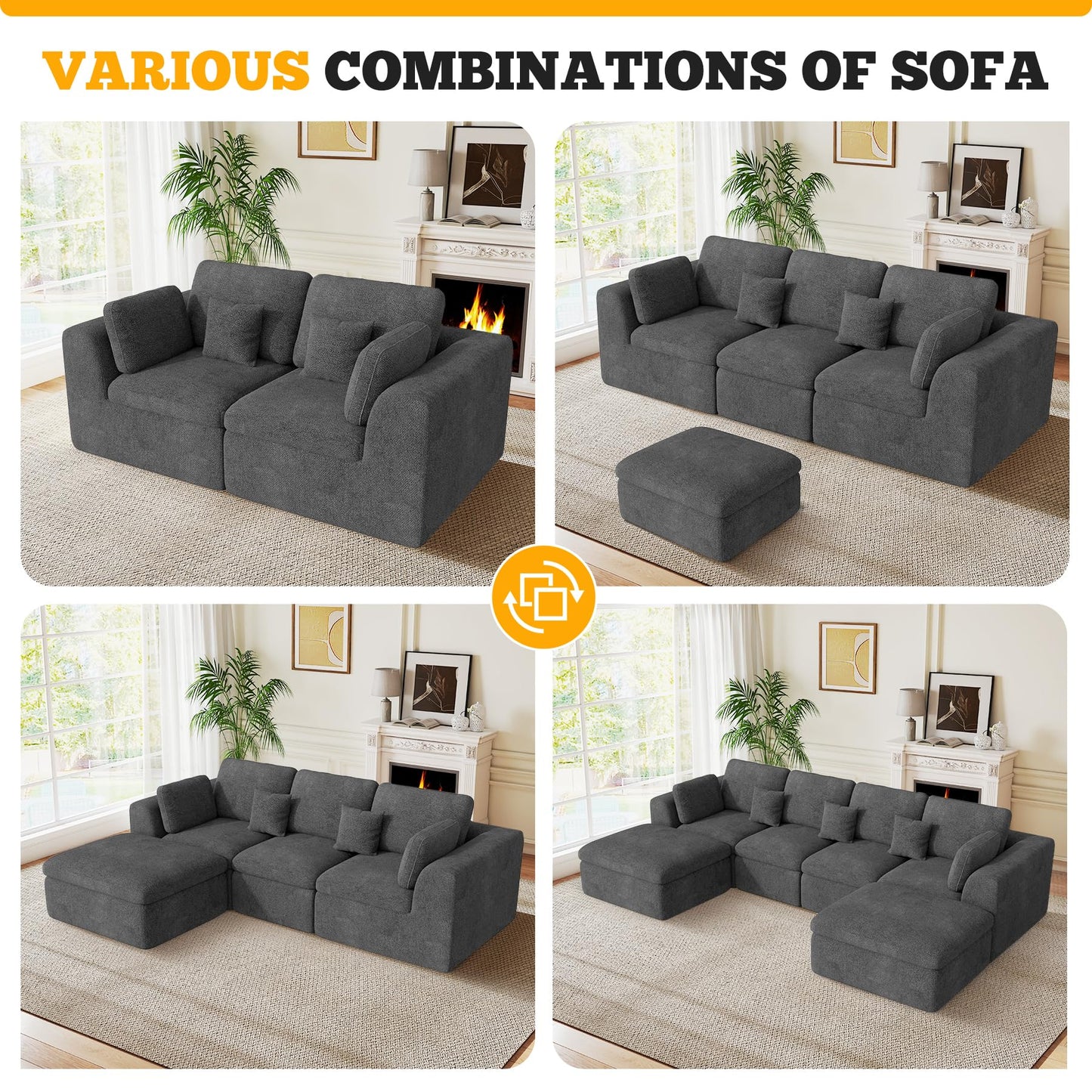 Luxanimarion 115" Cloud Boneless Sectional Couch, Deep Seat L Shaped Modular Couch with Ottoman, Oversized Upholstered Convertible 4 Seater Modular Sofa for Living Room,Black Chenille
