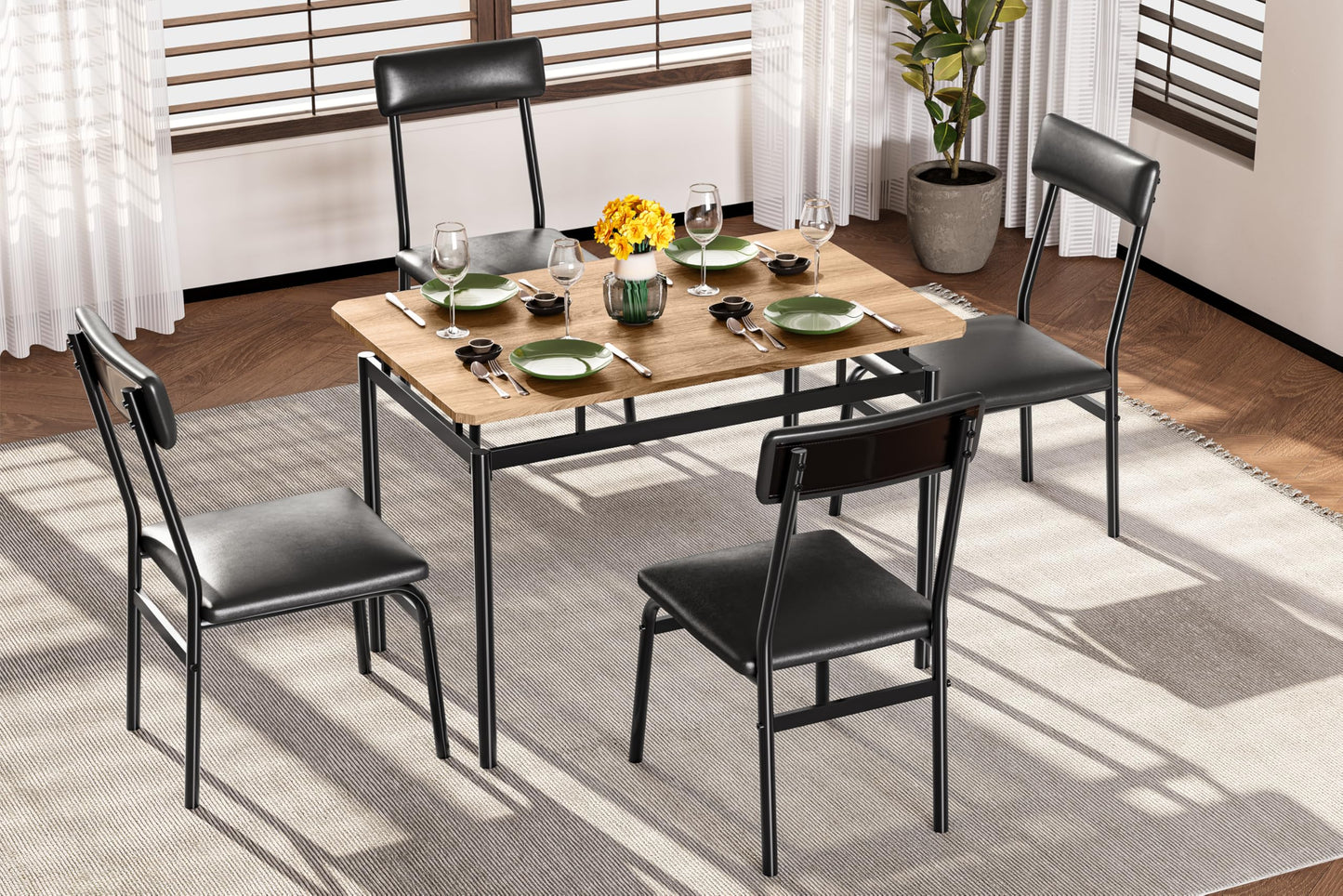 Takywep Dining Table Set for 4, 5 Piece Wooden Kitchen Table with PU Upholstered Chairs, Sturdy Industrial Metal Frame, Space-Saving Design for Apartment, Breakfast Nook