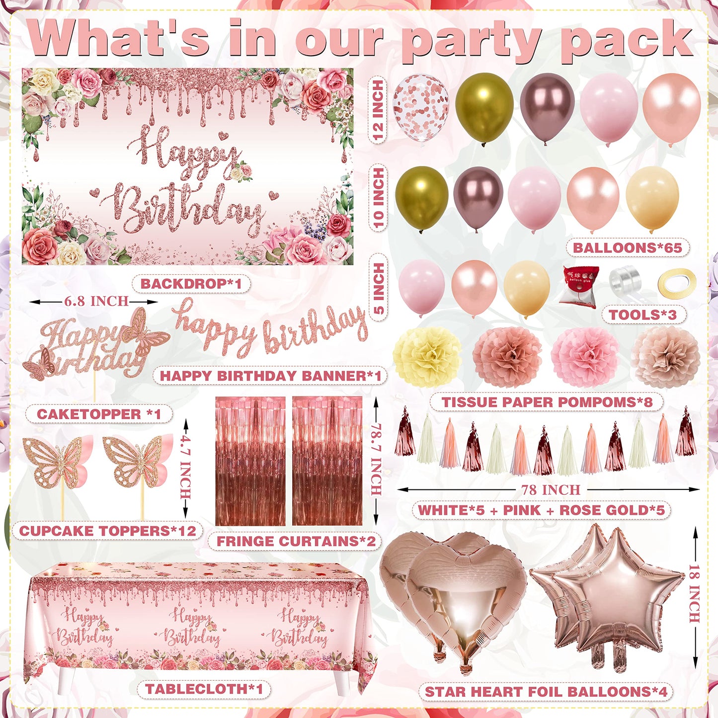Rose Gold Birthday Party Decoration, 91 PCS Happy Birthday Pink Party Supplies for Girls Women (Banner Backdrop Tablecloth Fringe Curtains Balloons Garland Paper Tassels Garland Paper Pompoms)
