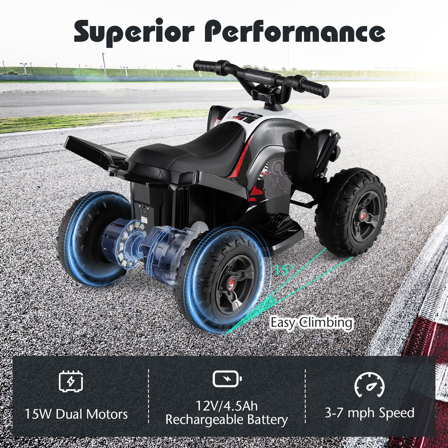 Costzon Kids ATV, 12V 4-Wheeler Quad Electric Vehicle w/ 7 mph Max Speed, 15° Climbing, LED Lights, Music, Wireless Connection, Toddler Ride On ATV Toy, Gift for Boys Girls Aged 3+ (Deep Black)
