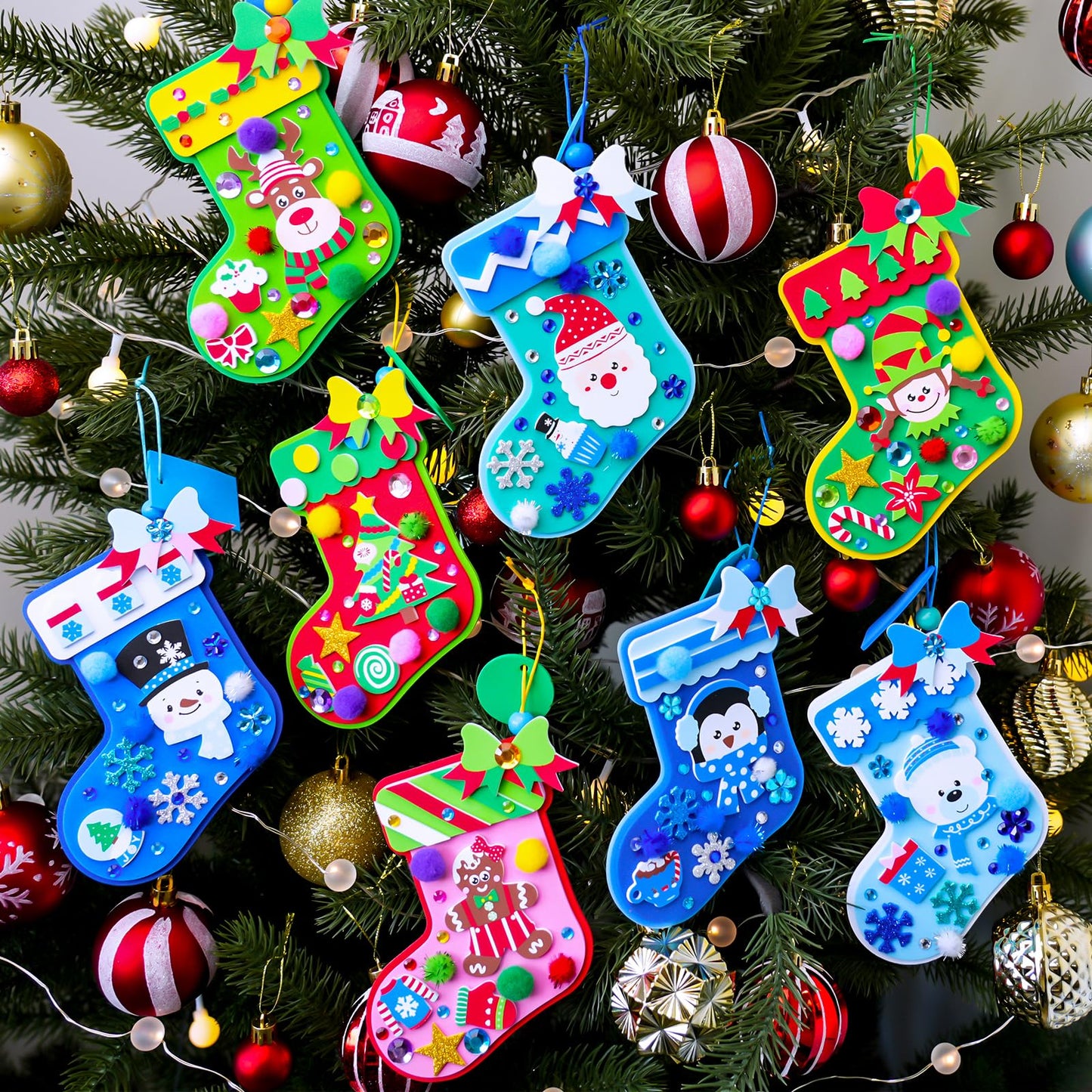 Winlyn 24 Sets Christmas Decorations DIY 3D Stocking Tree Ornaments Winter Crafts Kits Foam Stocking with Festive Foam Stickers for Kids Holiday Seasonal Gift Home Classroom Activities Party Favors
