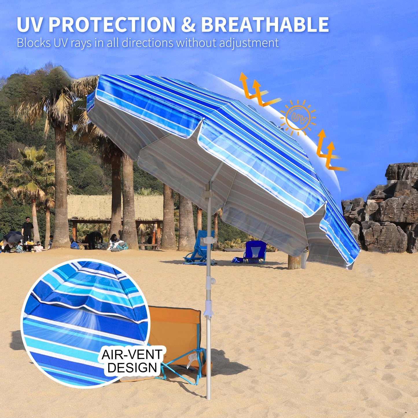 LANMOUNTAIN 8ft Large Beach Umbrella,Heavy Duty Wind Resistant Portable Sun Shade w/Tilt Pole&Sand Anchor,Shoulder Carry Bag,UV 50+ Protection,Air Vents Design for Patio Garden Pool(Blue Stripe)