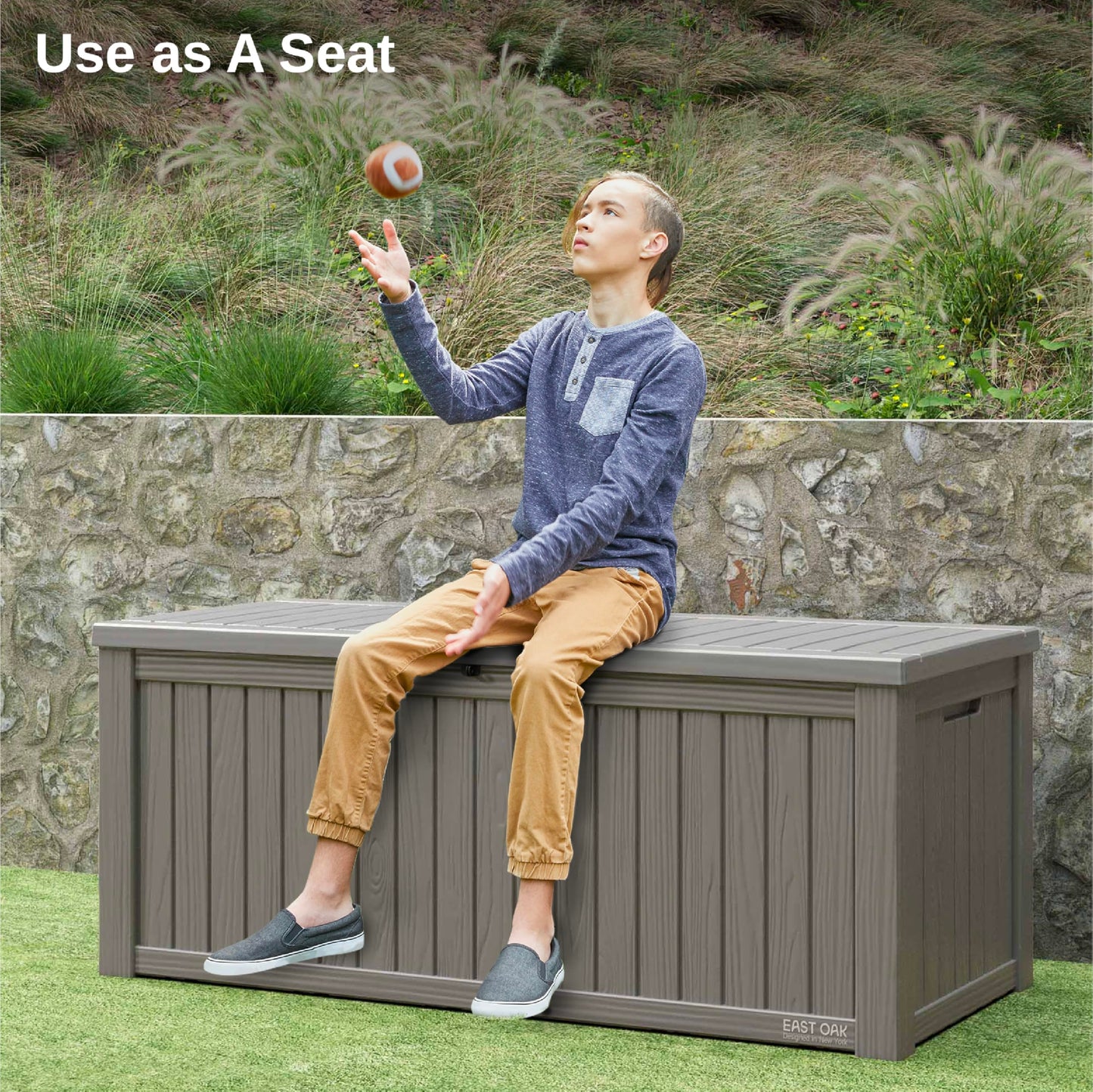 EAST OAK Outdoor Storage Box, 150 Gallon Deck Box, Large Resin Storage Bin for Patio Cushions, Gardening Tools, Lockable, Waterproof and UV Resistant, Grey