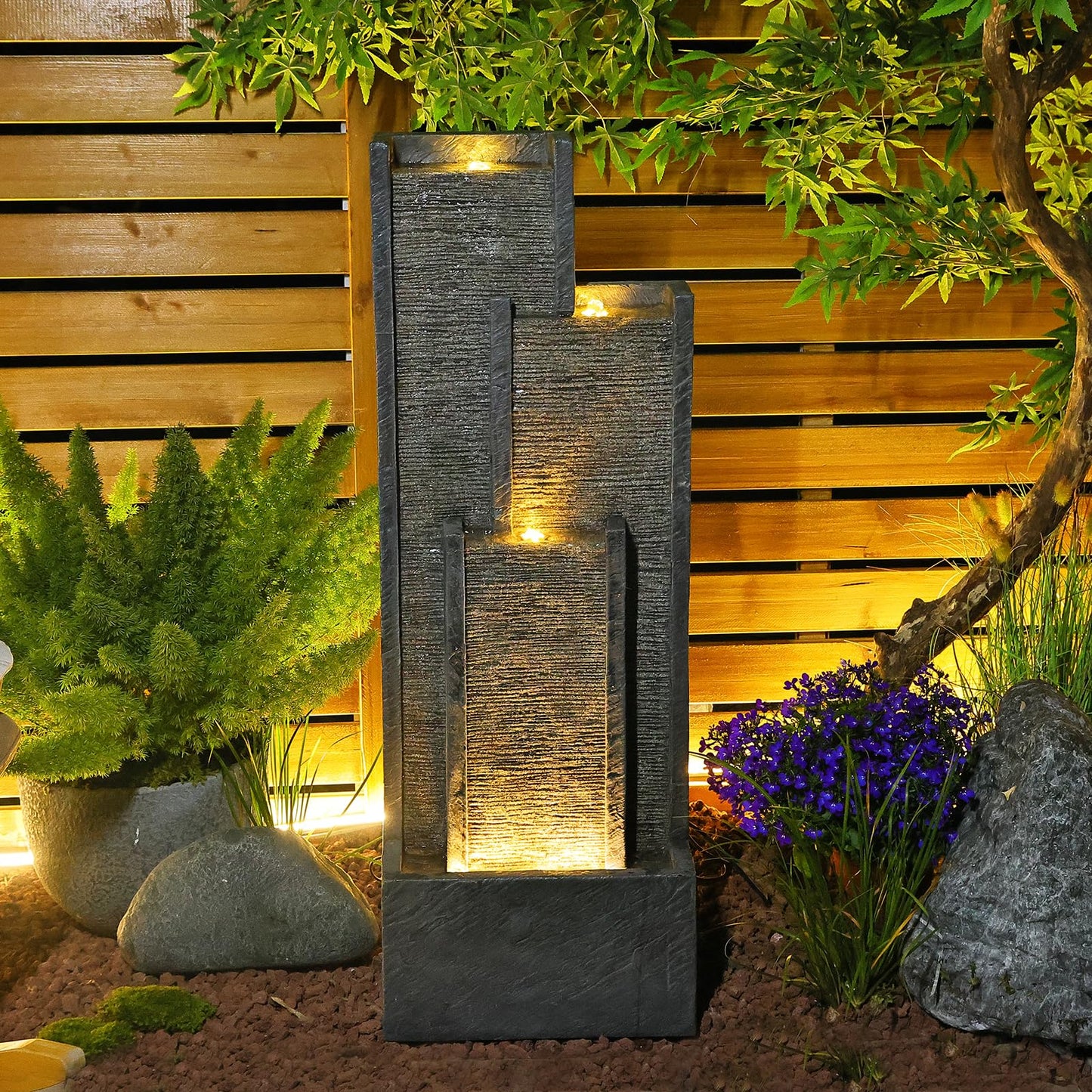 Takamota Modern Outdoor Water Fountain with Lights&Pump, Cascading Waterfall Feature Outdoor, Resin Standing Garden Fountain for Landscaping, Patio, Balconie, Yard Decor, Indoor Water Feature, Grey
