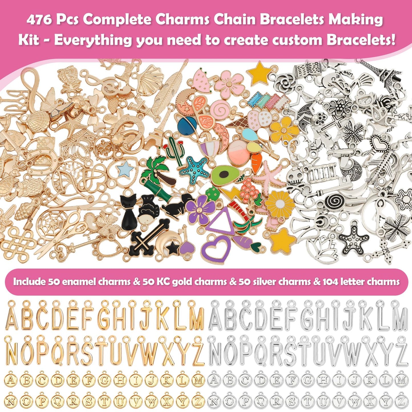 Charm Bracelet Making Kit for Adults & Teens, 477Pcs DIY Charm Bracelet Set with Gold & Silver Charms, Paperclip Chain Bracelets, Alphabet Charms, Complete Jewelry Making Supplies for Crafting