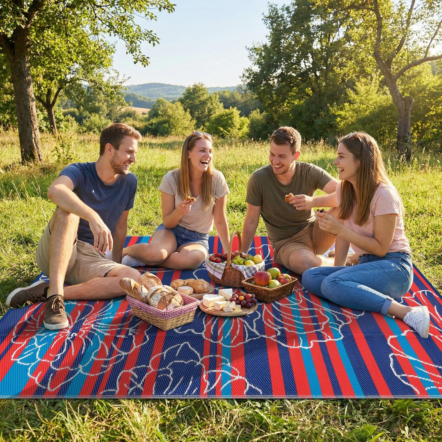 Garvee 5x8 Outdoor Waterproof Rug, Floral Outdoor Area Rug，Reversible Plastic Straw Patio Rug, Portable Camping Mat for RV, Picnic, Beach, Balcony, Garden & Camping Red&Navy