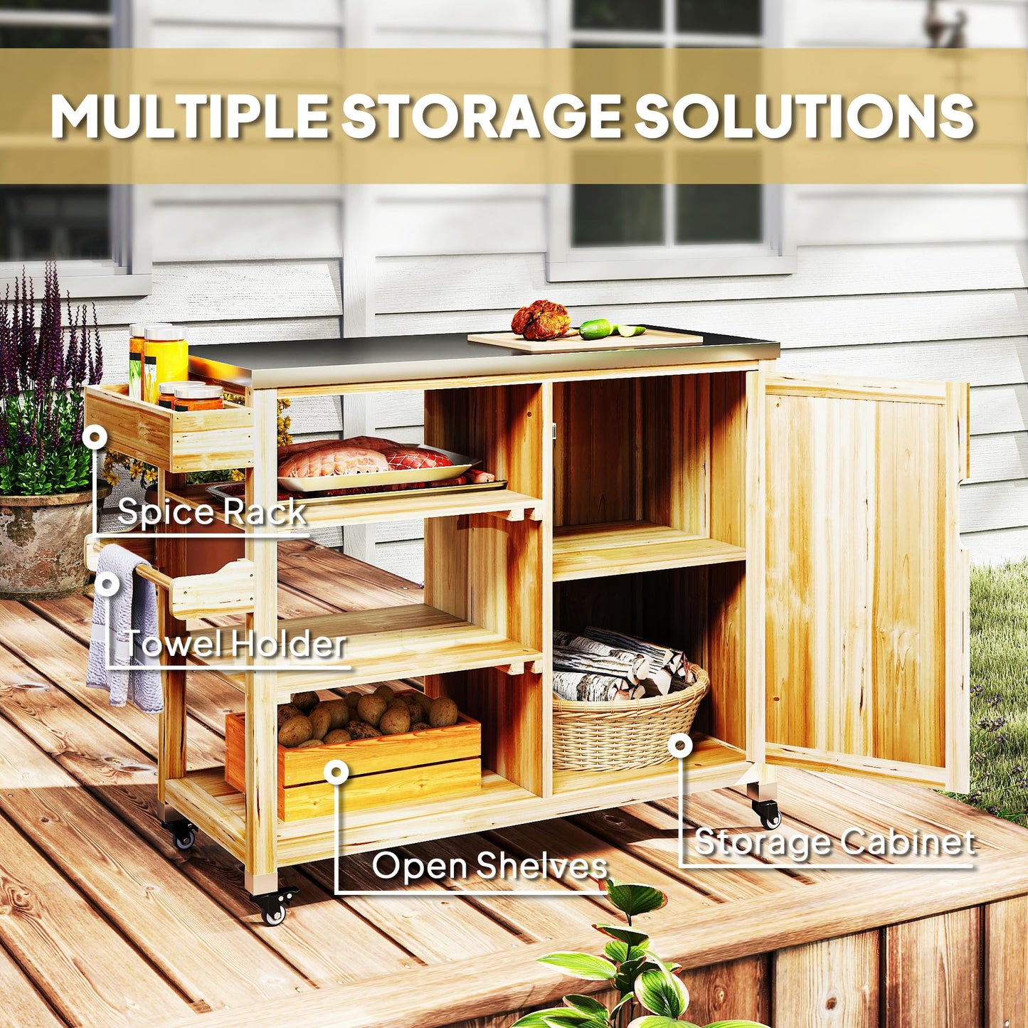 Outsunny Outdoor Grill Cart with Wheels and Storage Cabinet, Solid Wood Outdoor Kitchen Island with Stainless Steel Top, Movable Bar Cart for BBQ and Camping, Spice Rack and Towel Holder, Natural Wood