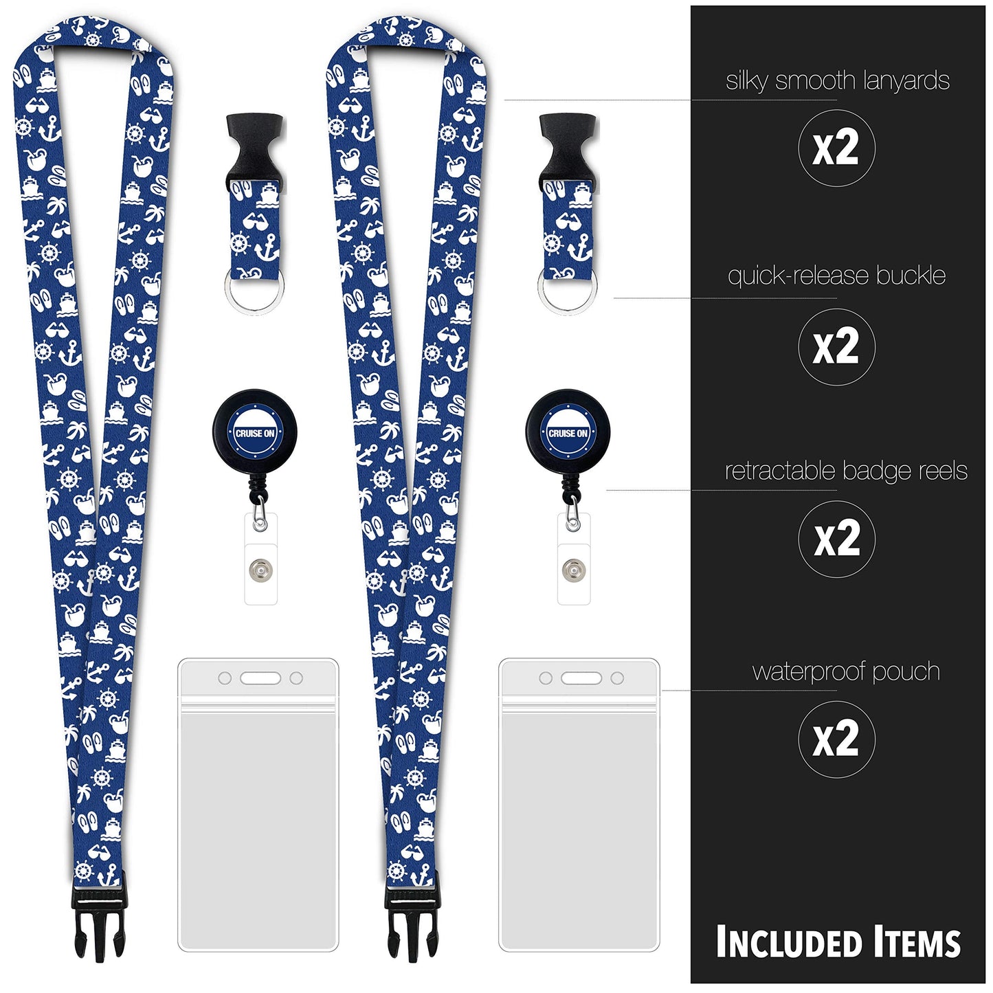Cruise On Cruise Lanyard for Ship Cards – 2-Pack Retractable Badge & Waterproof Key Card Holder for Ship Cards – Cruise Essentials 2026-2027, Perfect for Travel & Vacation (White & Blue)