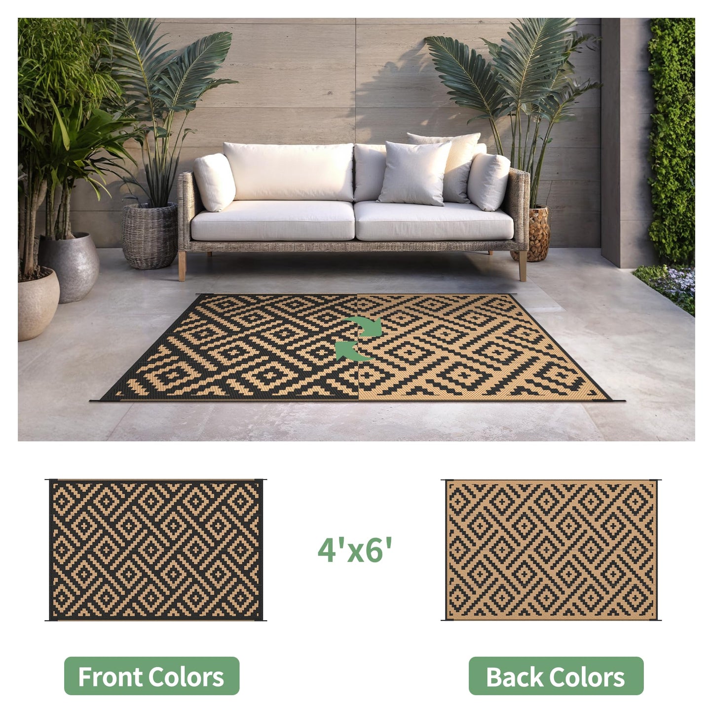 sarben Outdoor Rug for Patio - Waterproof Plastic Straw Camping Rugs 4x6 ft, Reversible Outdoor Indoor RV Mat Carpet for Patio, Porch, Deck, Balcony, Picnic, Beach, Black Brown