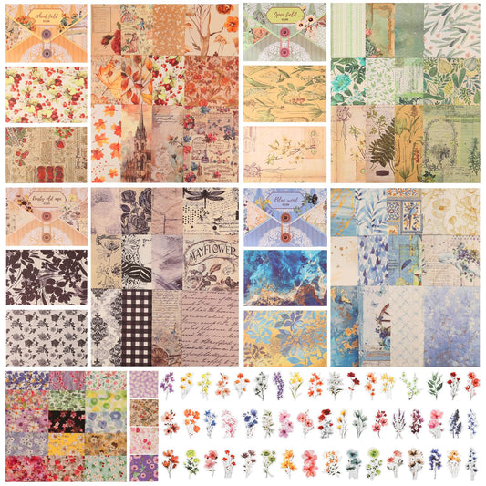 300Pcs Vintage Scrapbook Paper Kit with 50Pcs Journaling Flower Stickers, Scrapbook Supplies Set for Junk Journal, Textured Decorative Collage Paper, Scrapbooking Kit for DIY Crafts Planner Album