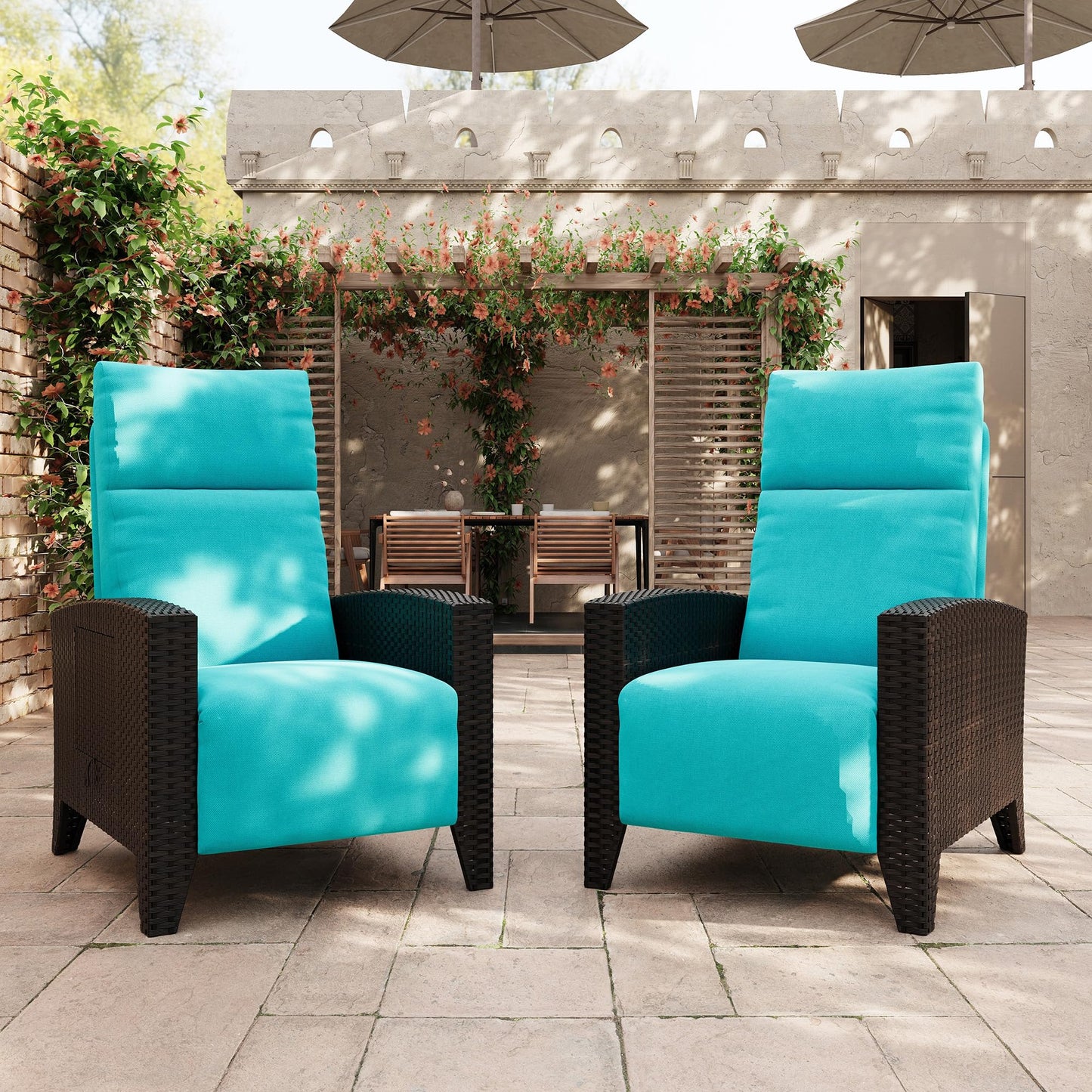 IDEALHOUSE Wicker Outdoor Recliner Reclining Patio Chair with Adjustable Back & Footrest 150° Lay-Flat Reclining with Air Pump Rattan Flip-Up Side Table Outdoor Lounge Chair for Pool Deck Balcony