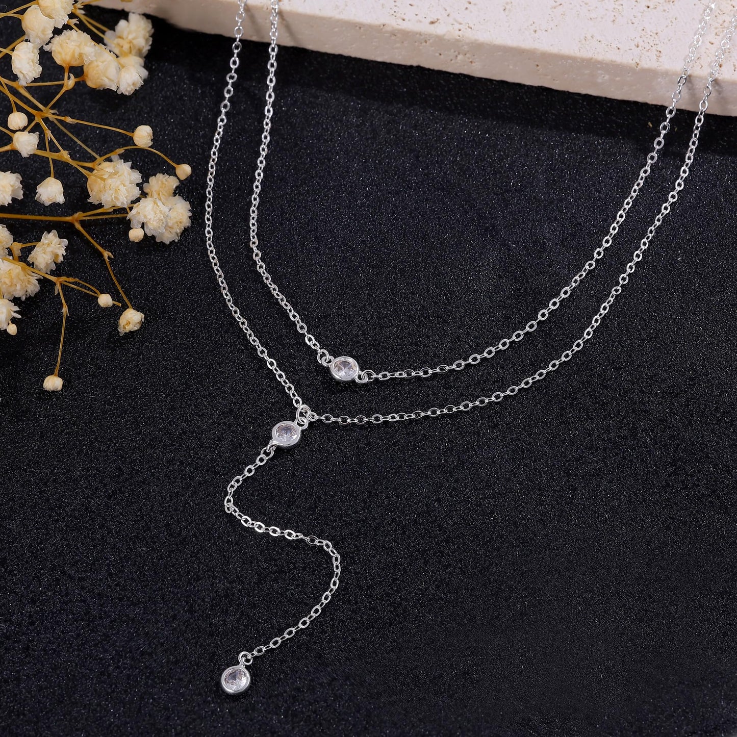 Poaiiu Lariat Sliver Plated Necklace for Women, Sliver Plated Dainty Long Layered Y Necklaces CZ Pendant Choker Necklace Simple Trendy Jewelry Gift for Women