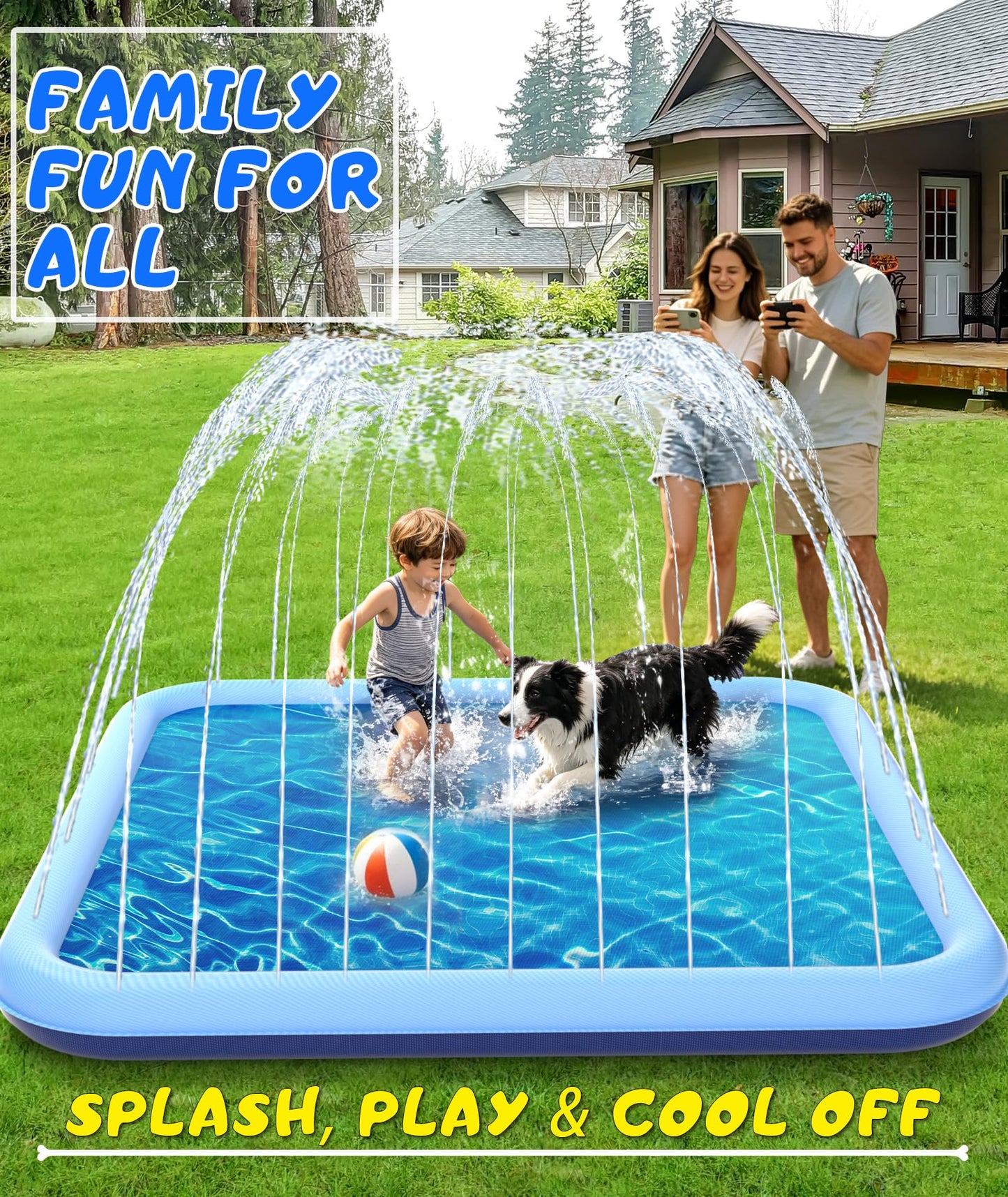 EPN Splash Pad, 155"- 110.24" Size Extra Large Sprinkler Play Mat for Dogs & Kids, Thicker Wading Pool Summer Outdoor Water Toys, Fun Backyard Fountain Play Pad for 3 Age+ Girls Boys Children & Pets
