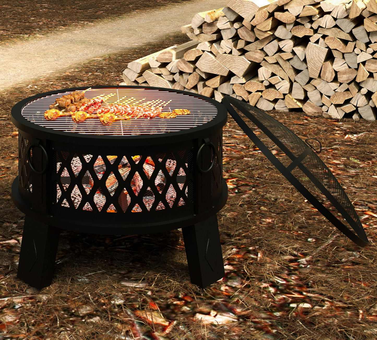 Fire Beauty 26" Steel Fire Pit with Grill & Diamond Mesh Design,360° Airflow Tech for 80% Less Smoke,XL Flames,Heavy-Duty Portable Outdoor Fire Bowl for Camping, Backyard, Beach (22lbs, 4 Handles)
