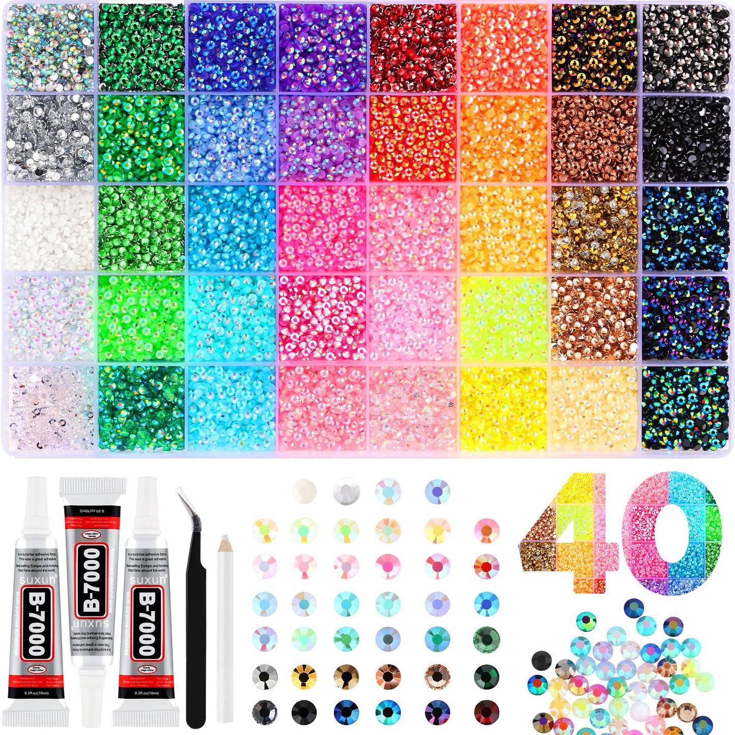 Zefy 40 Colors Resin Jelly Rhinestones for Bedazzling, 3mm 40000 Pcs Flatback Gems for Crafting, Bedazzling Kit with 3Pcs B7000 Glue for Clothing Shoes Nail Book Diamond Art